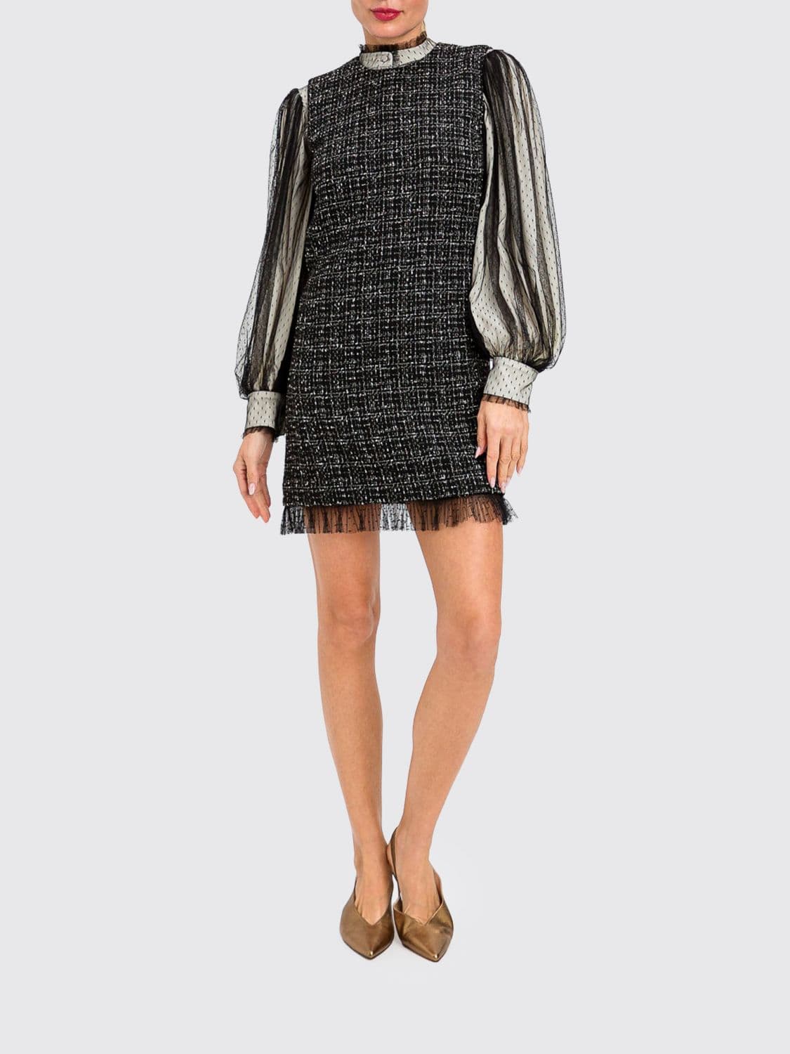 Twinset Tweed Sheath Mini Dress with Puff Sleeves and Mandarin Collar