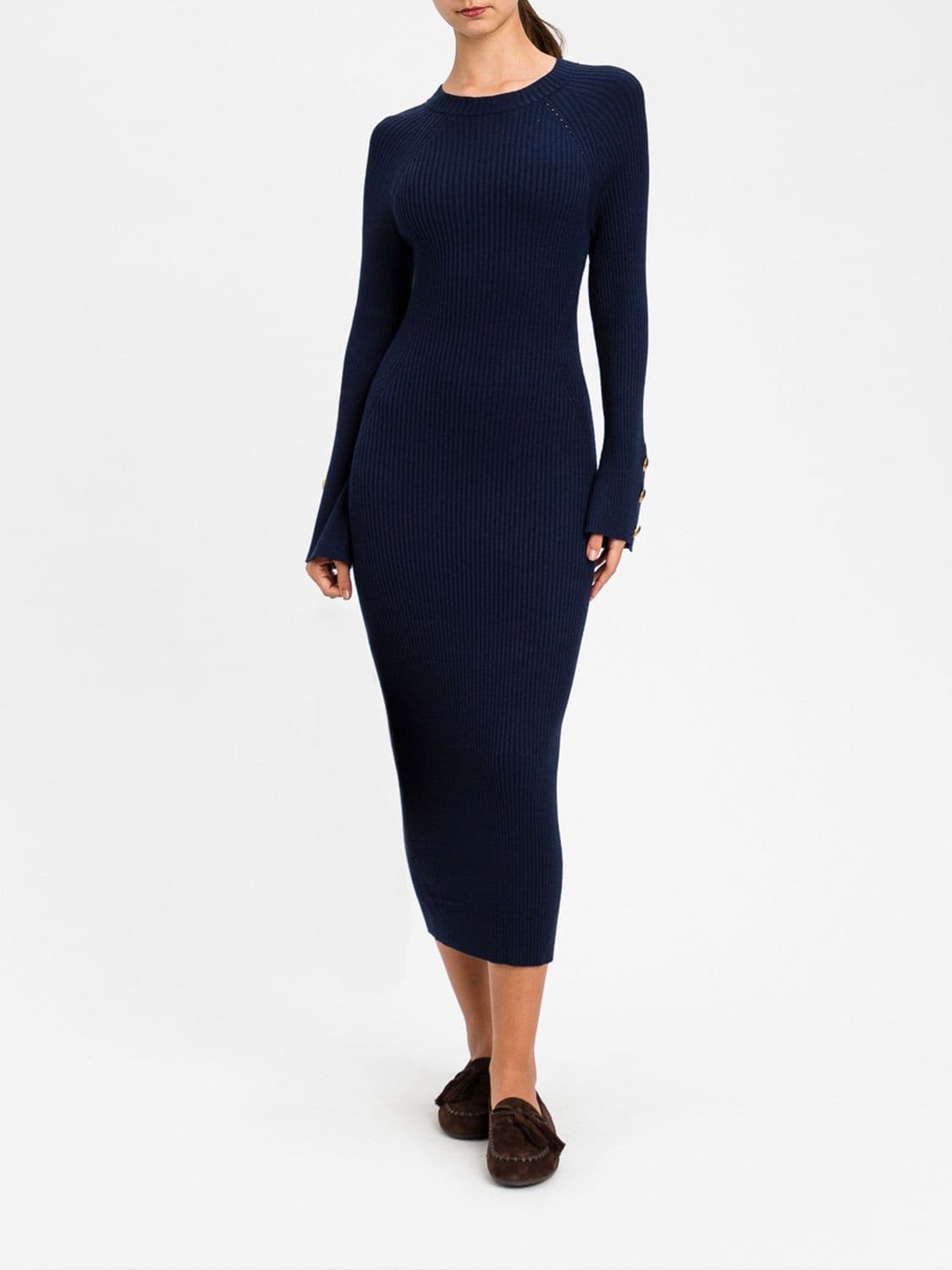 Twinset Ribbed-Knit Midi Sheath Dress with Long Sleeves