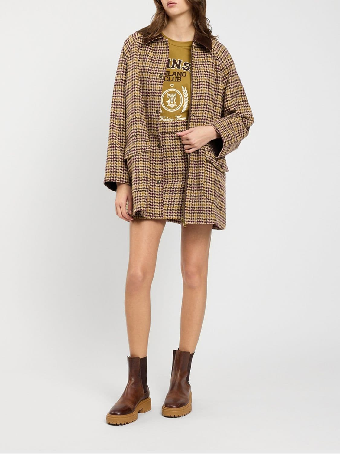 Twinset U & b Single-Breasted Short Houndstooth Wool Blend Coat with Velvet Collar