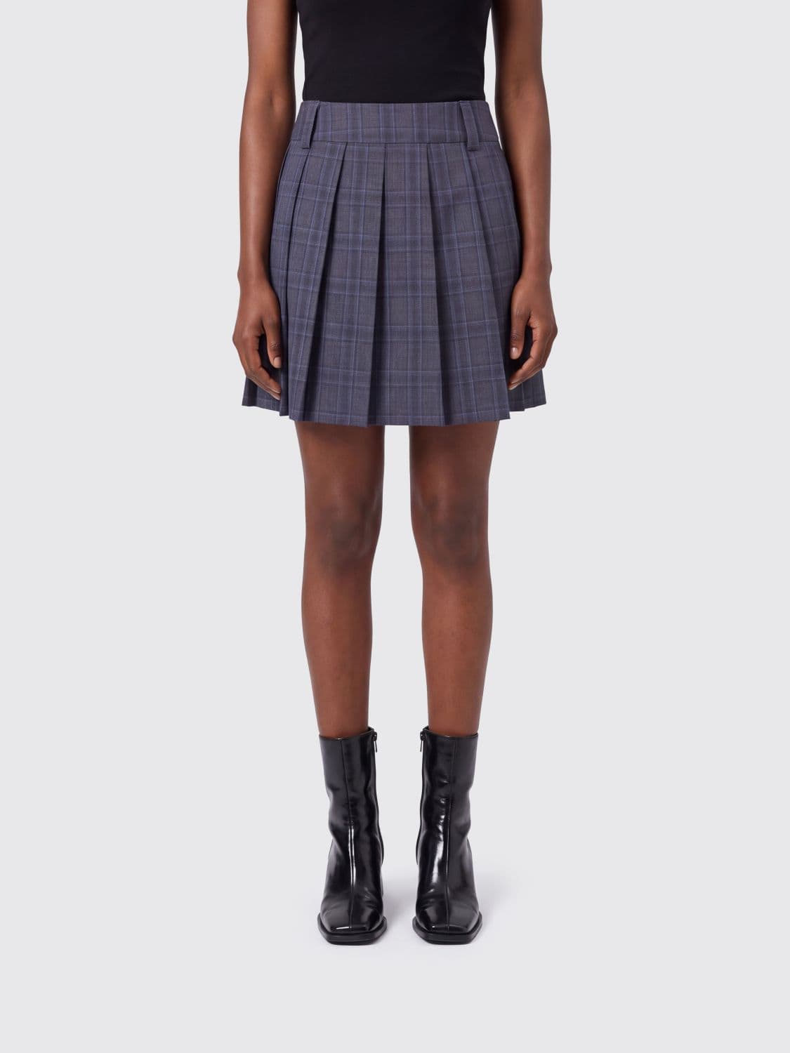 Dunst Check Pleated Wool-Blend Mini Skirt with Mid-Rise Waist