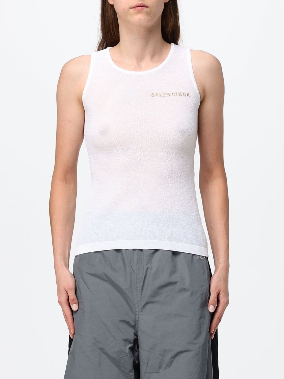 Balenciaga Slim Fit Sleeveless Top in Sheer Cotton Blend with Embroidered Logo