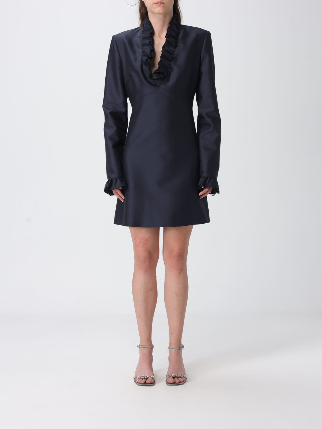 Alberta Ferretti Long-Sleeve Satin Mini Dress with a V-neck and ruffle collar