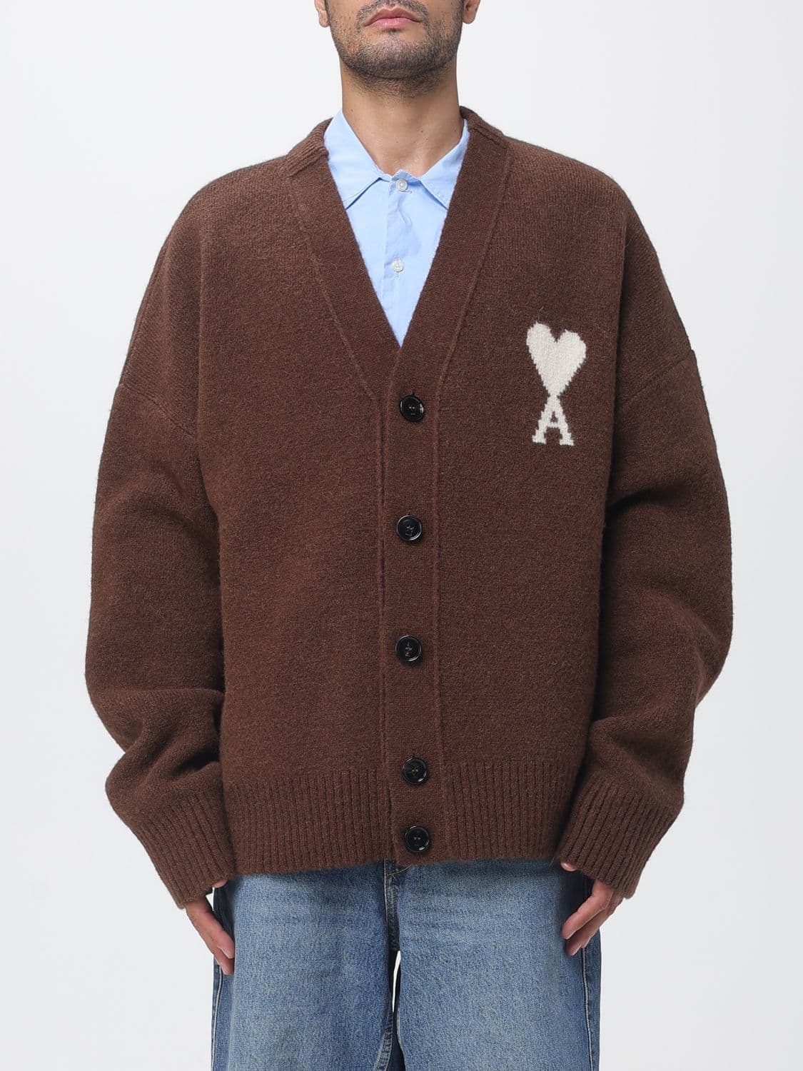 Ami Paris Alpaca Wool V-Neck Cardigan with Jacquard Logo