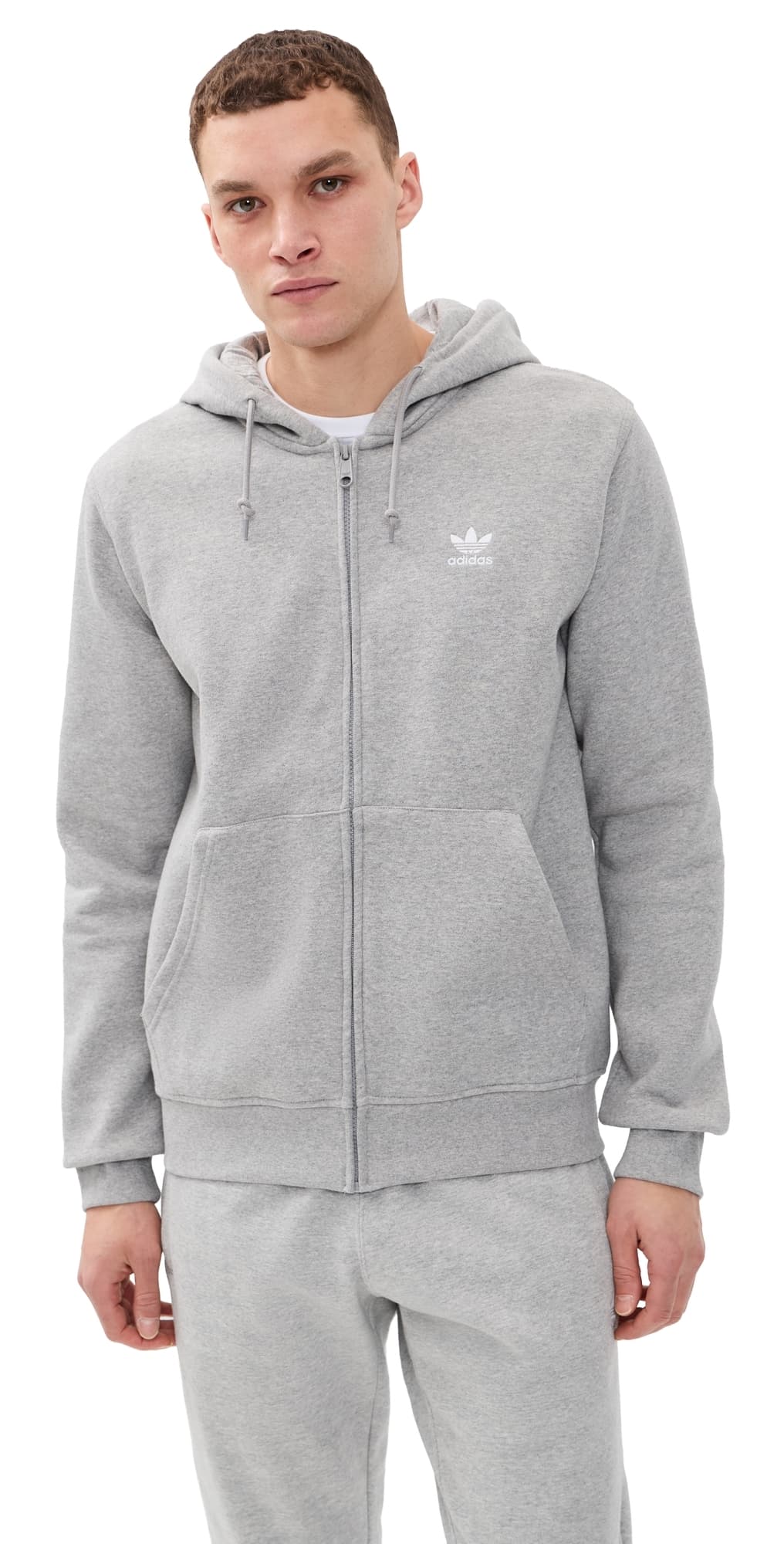 adidas Trefoil Essentials Full Zip Hoodie Medium Grey Heather/White