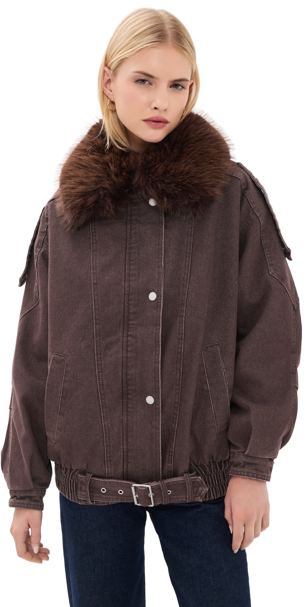 Avec Les Filles Combo Collar Belted Hem Bomber Brown