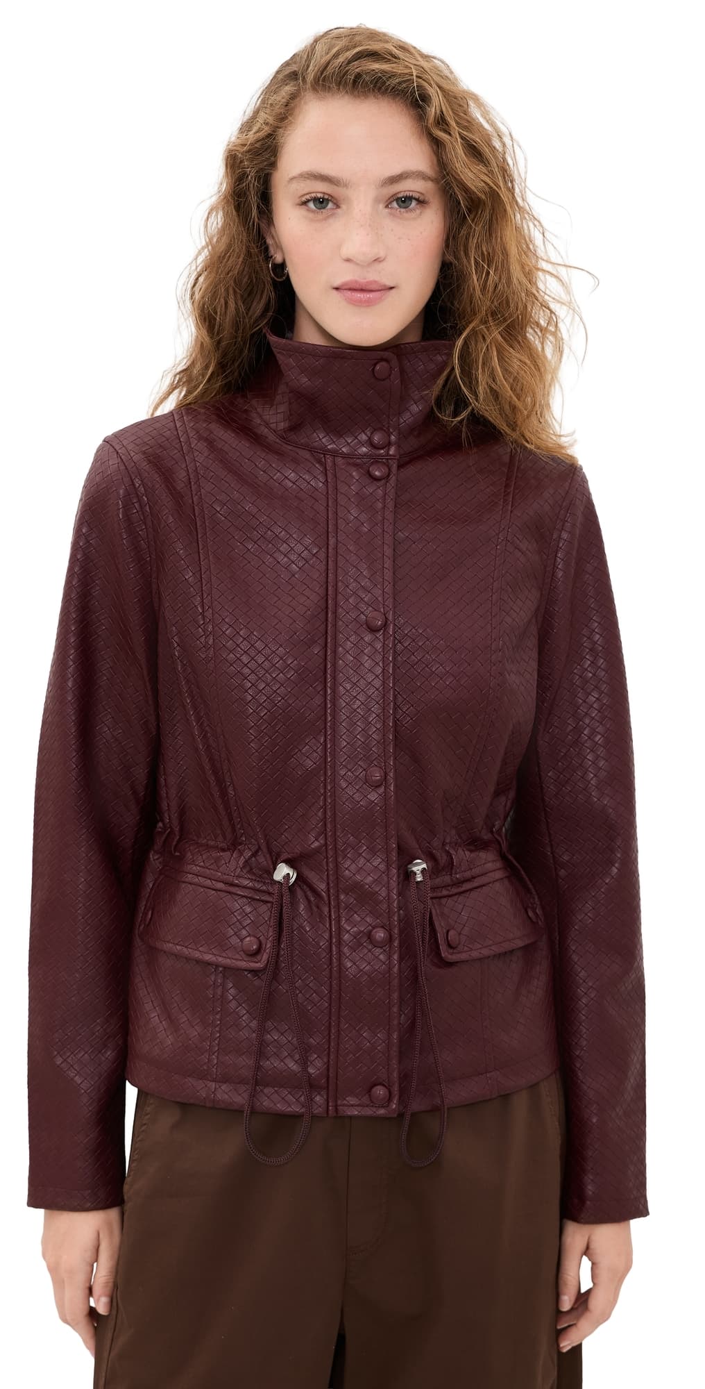 Avec Les Filles Faux-Ever Leather Basketweave Cropped Anorak Burgundy