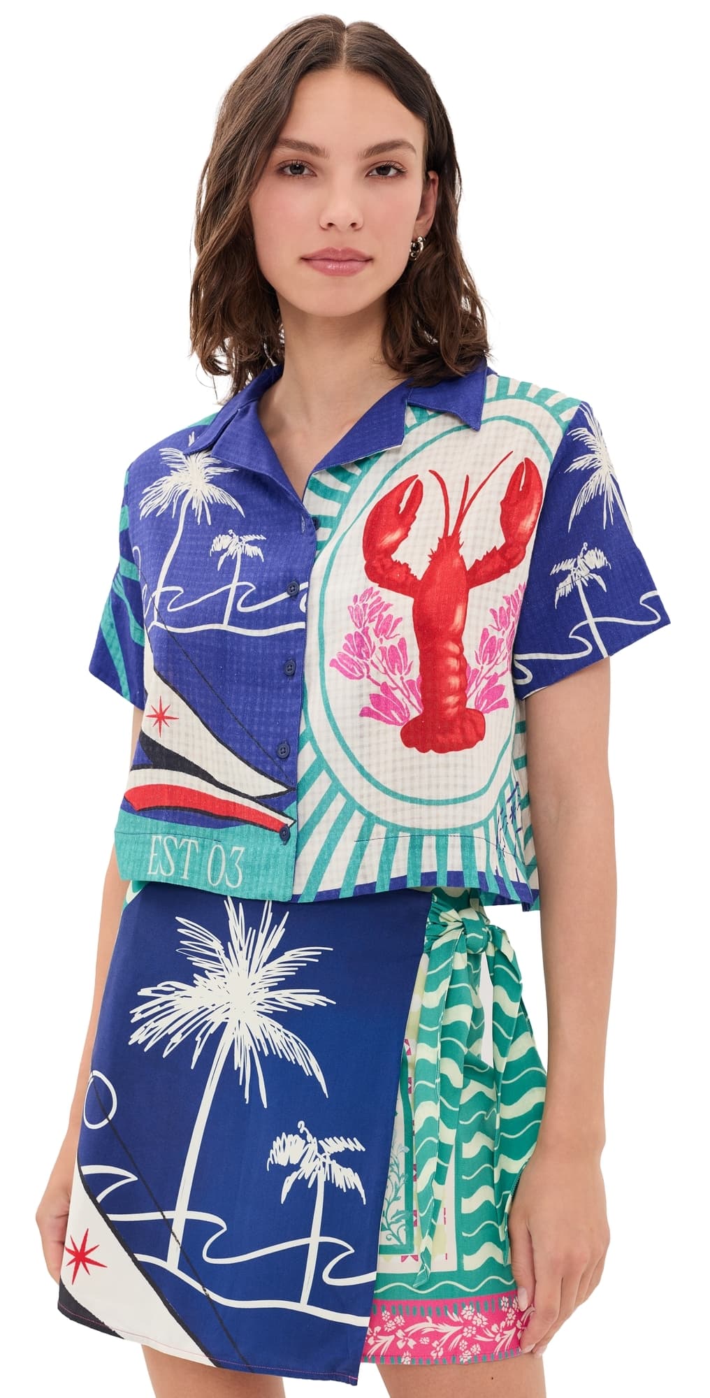 Agua Bendita Prim Cropped Button Down Shirt Multicolor