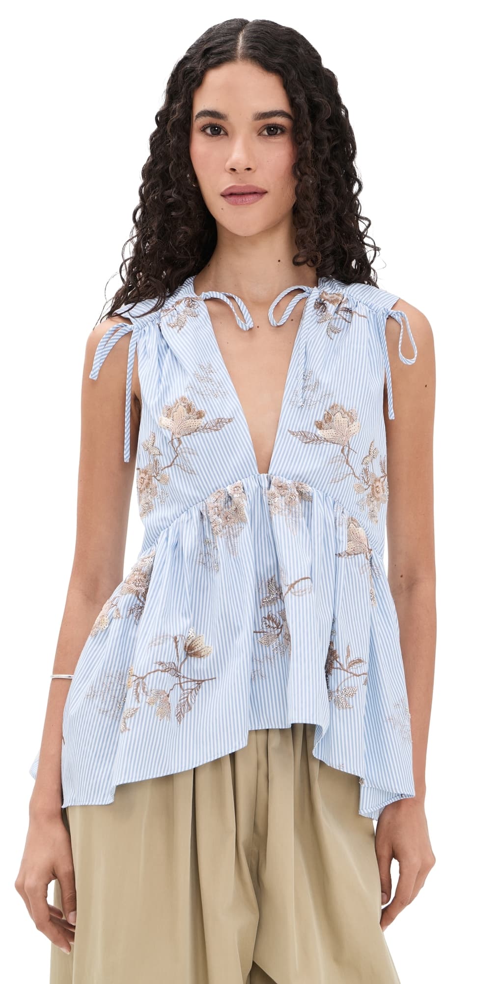 AKNVAS Lamia Poplin Embroidered Top Blue and White