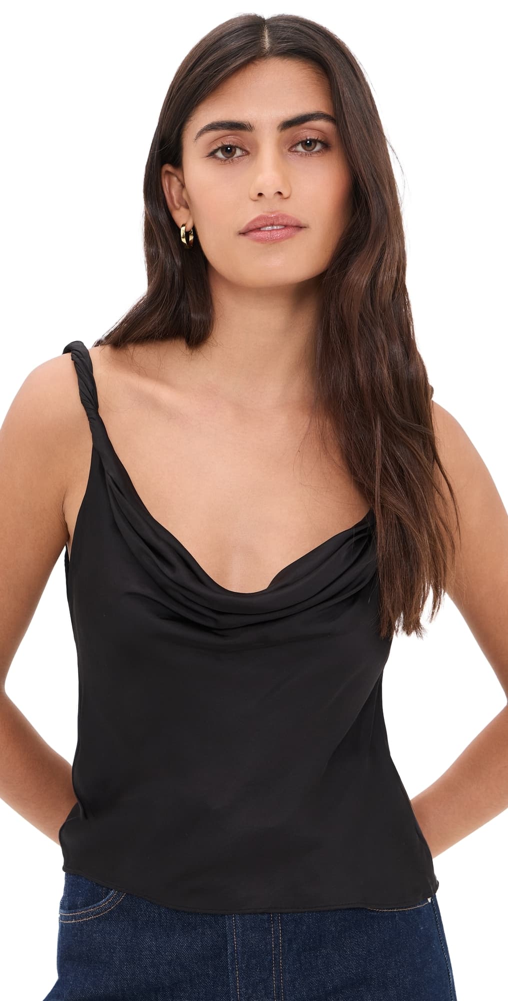 ALICE + OLIVIA Monique Twist Strap Cowl Neck Tank Black · XL