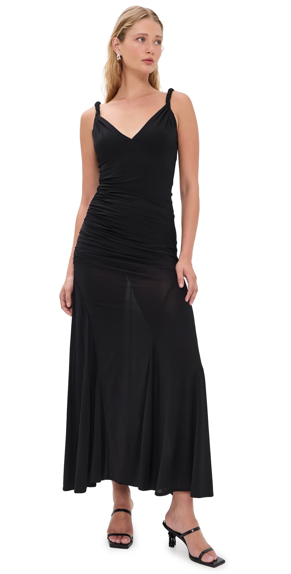 ALICE + OLIVIA Bianca Twist Strap Asymmetrical Godet Midi Dress Black
