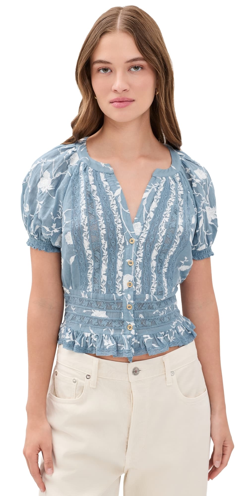 ALICE + OLIVIA Kathryn Embroidered Blouse Deep Denim Blue/Vanilla