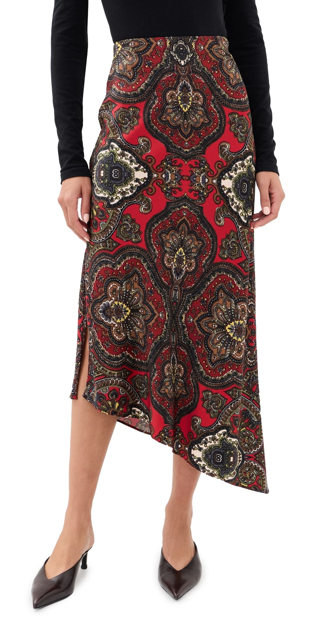 ALICE + OLIVIA Maeve Asymmetric Slip Skirt Bon Voyage Hibiscus Multi