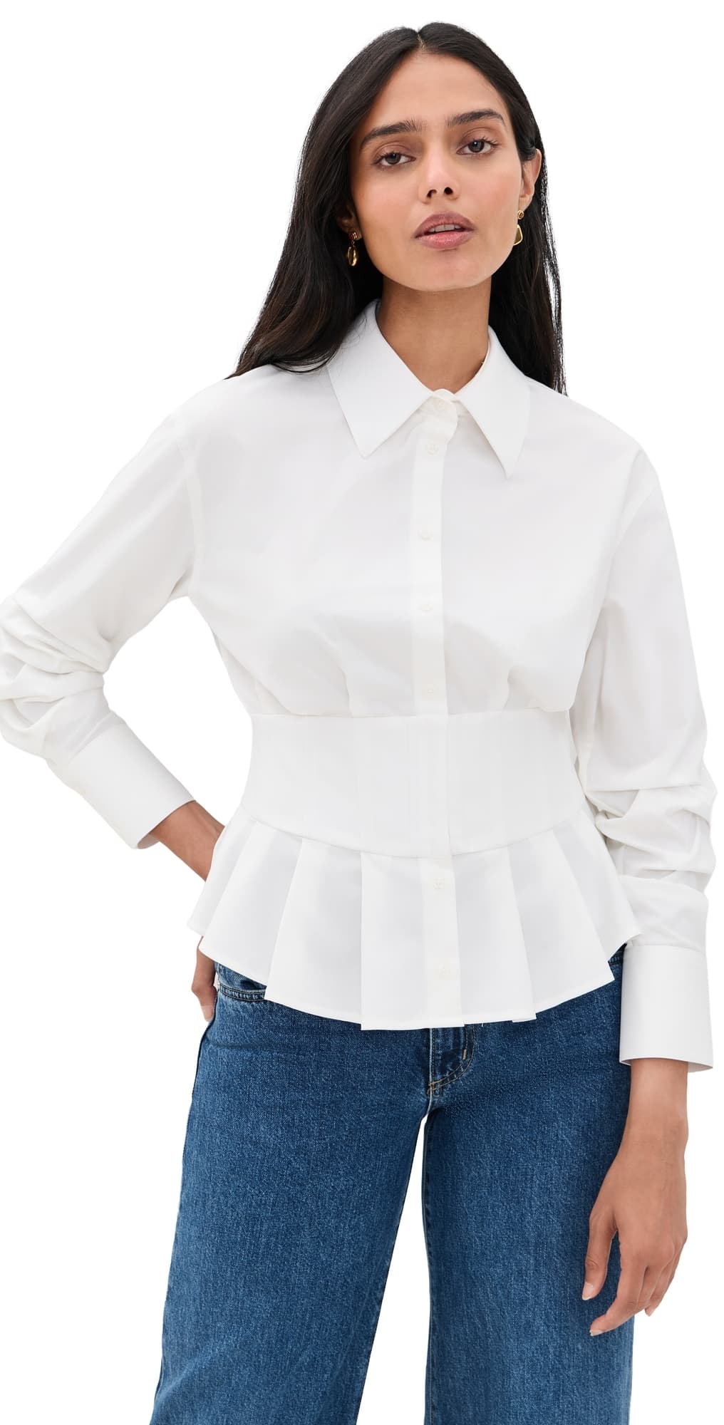 ALICE + OLIVIA Edie Gathered Corset Button Down Top Off White