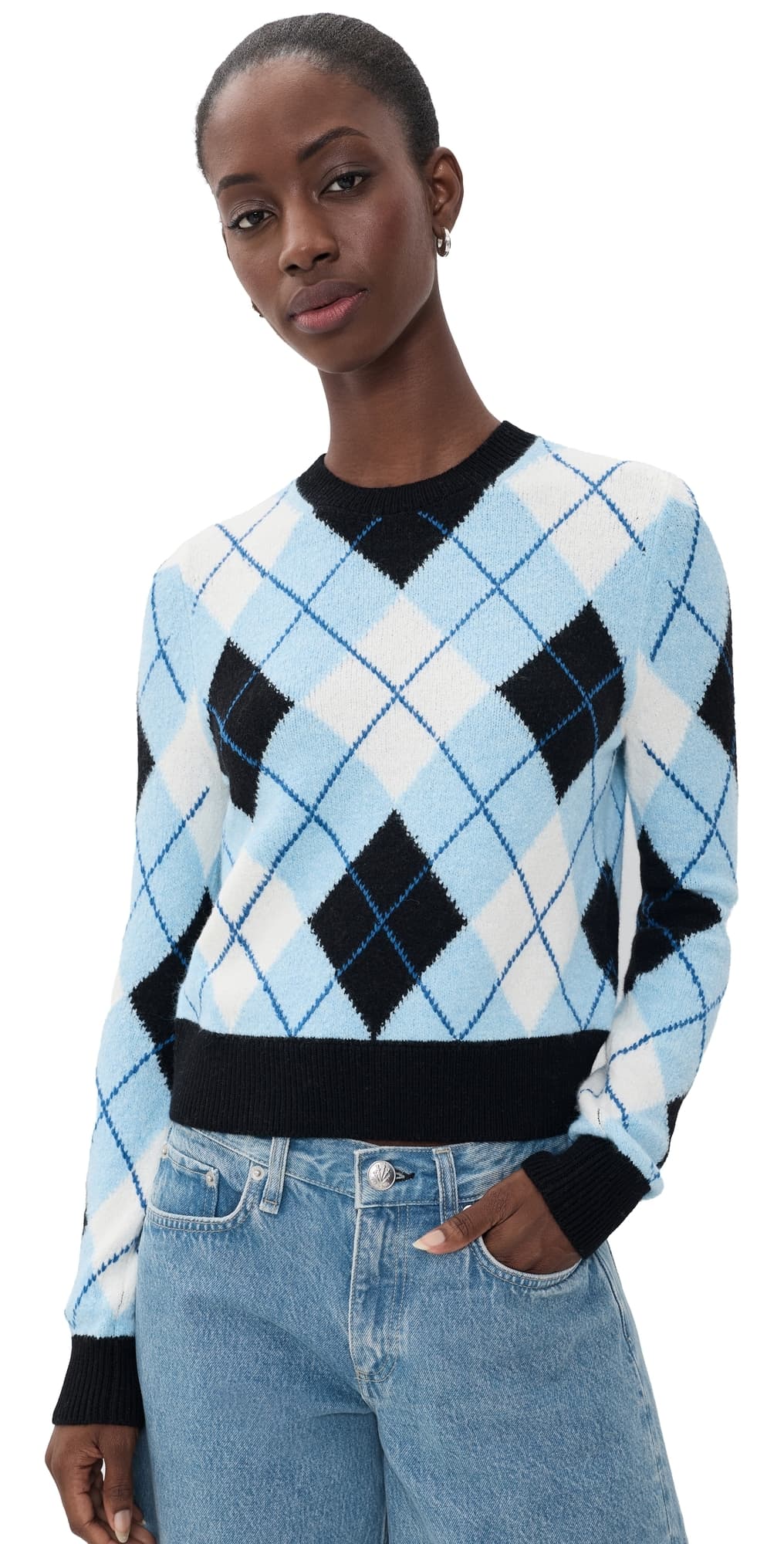 ALICE + OLIVIA Carolee Crewneck Argyle Sweater Mineral Blue Multi