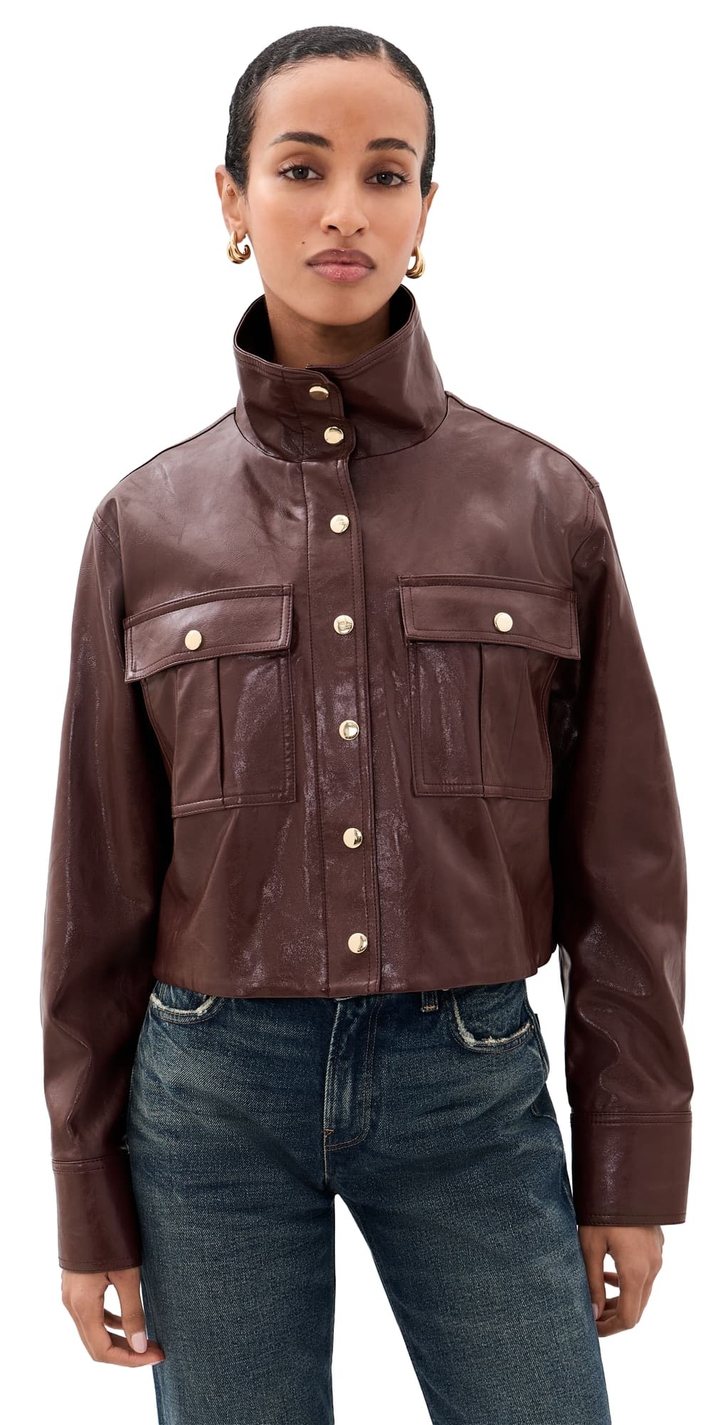 ALICE + OLIVIA James Faux Leather Cropped Jacket Dark Chocolate