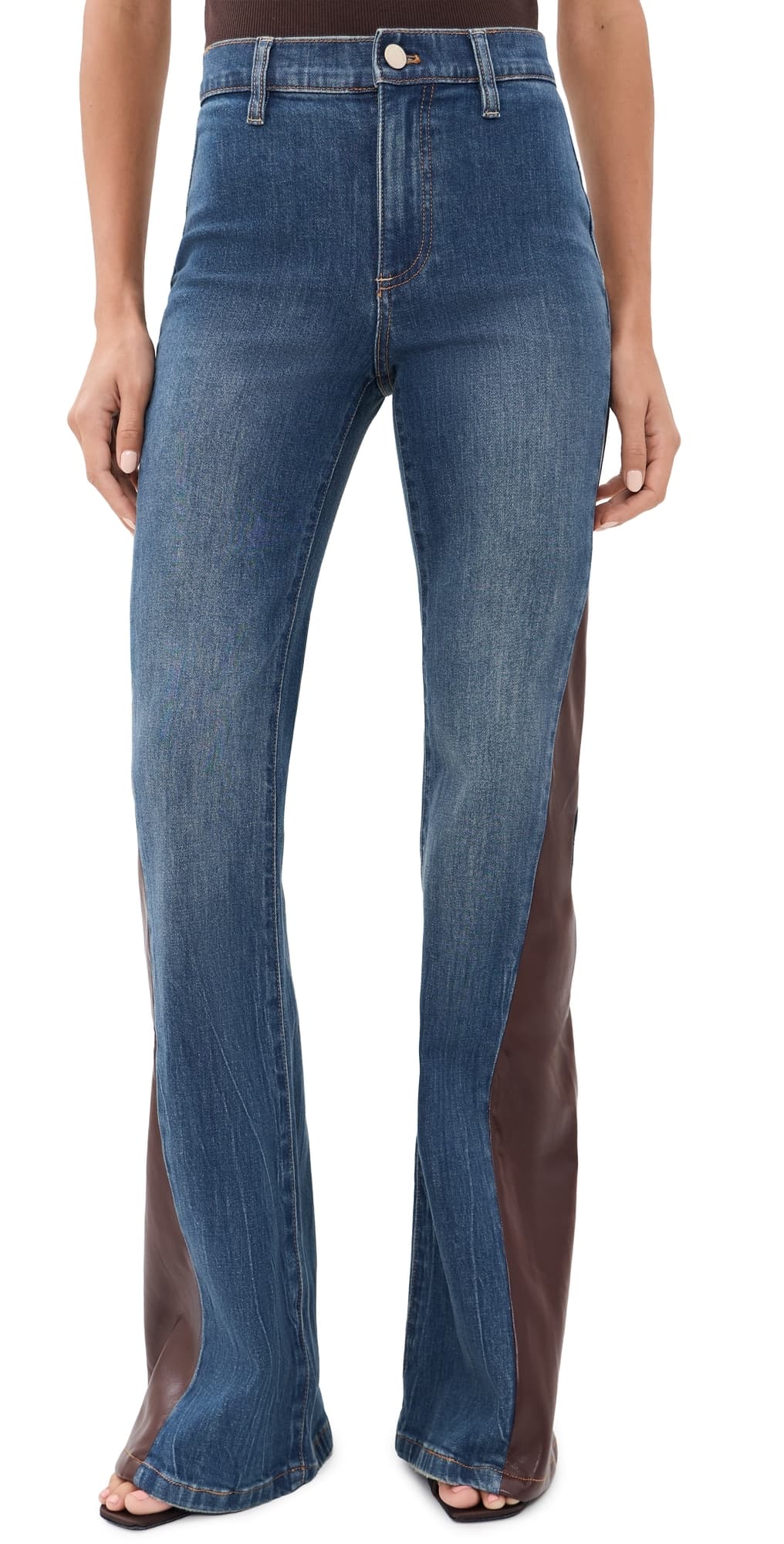 ALICE + OLIVIA Faux Leather Godet Flare Jeans Georgetta Vintage Blue/Dk Choc
