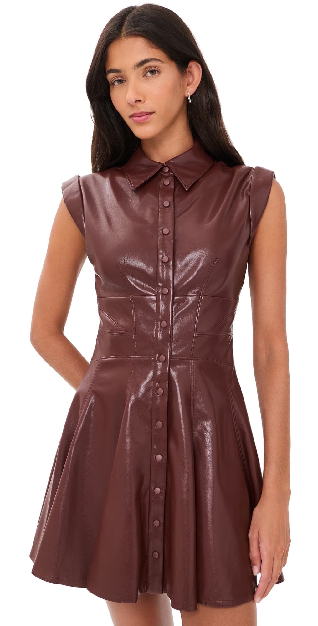 ALICE + OLIVIA Kim Vegan Leather Paneled Corset Flared Mini Shirt Dress Cognac