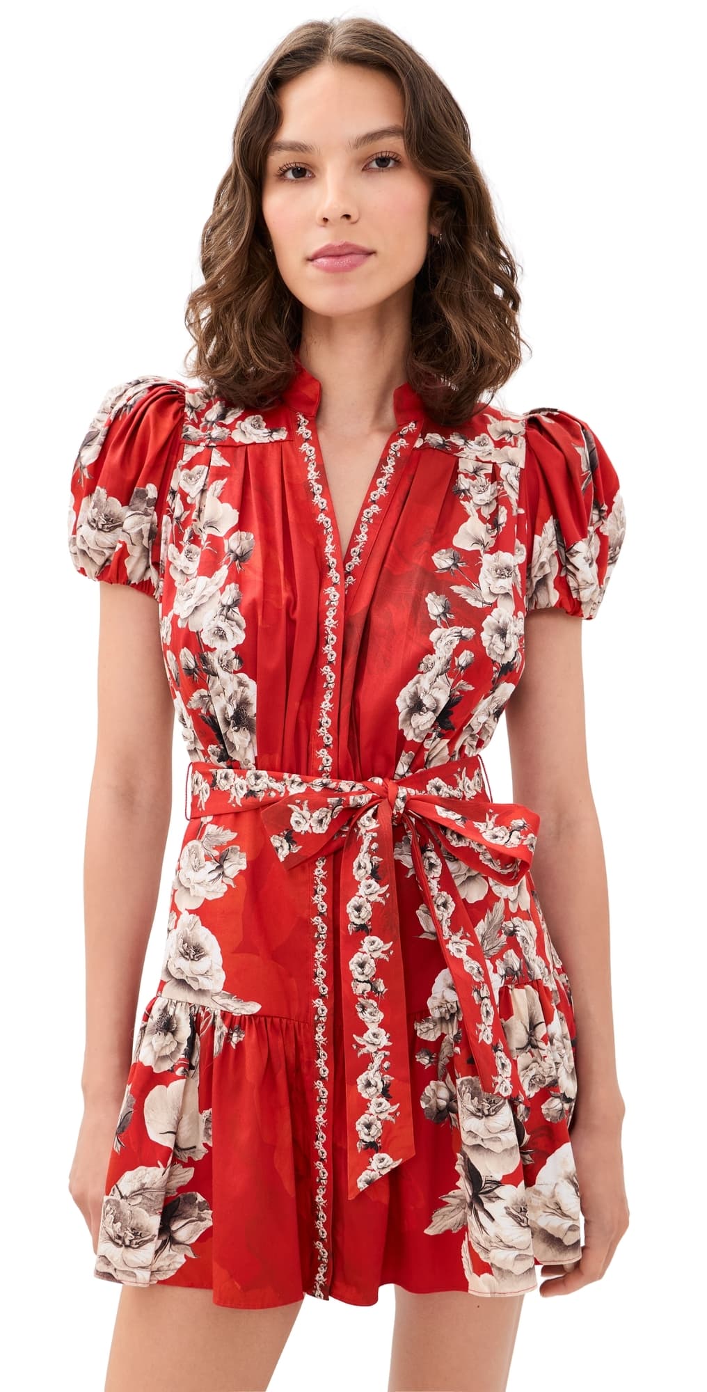 ALICE + OLIVIA Cora Tiered Mini Shirt Dress Rose Garden Lg Hibiscus
