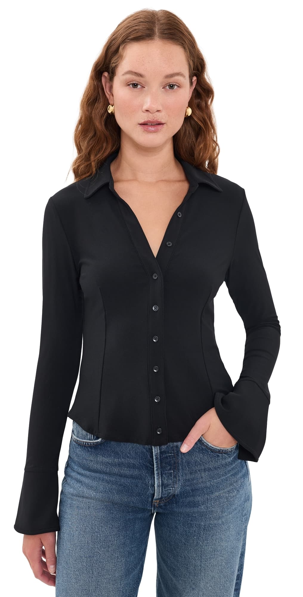 ALICE + OLIVIA Freya Fitted Nipped Waist Button Down Top Black
