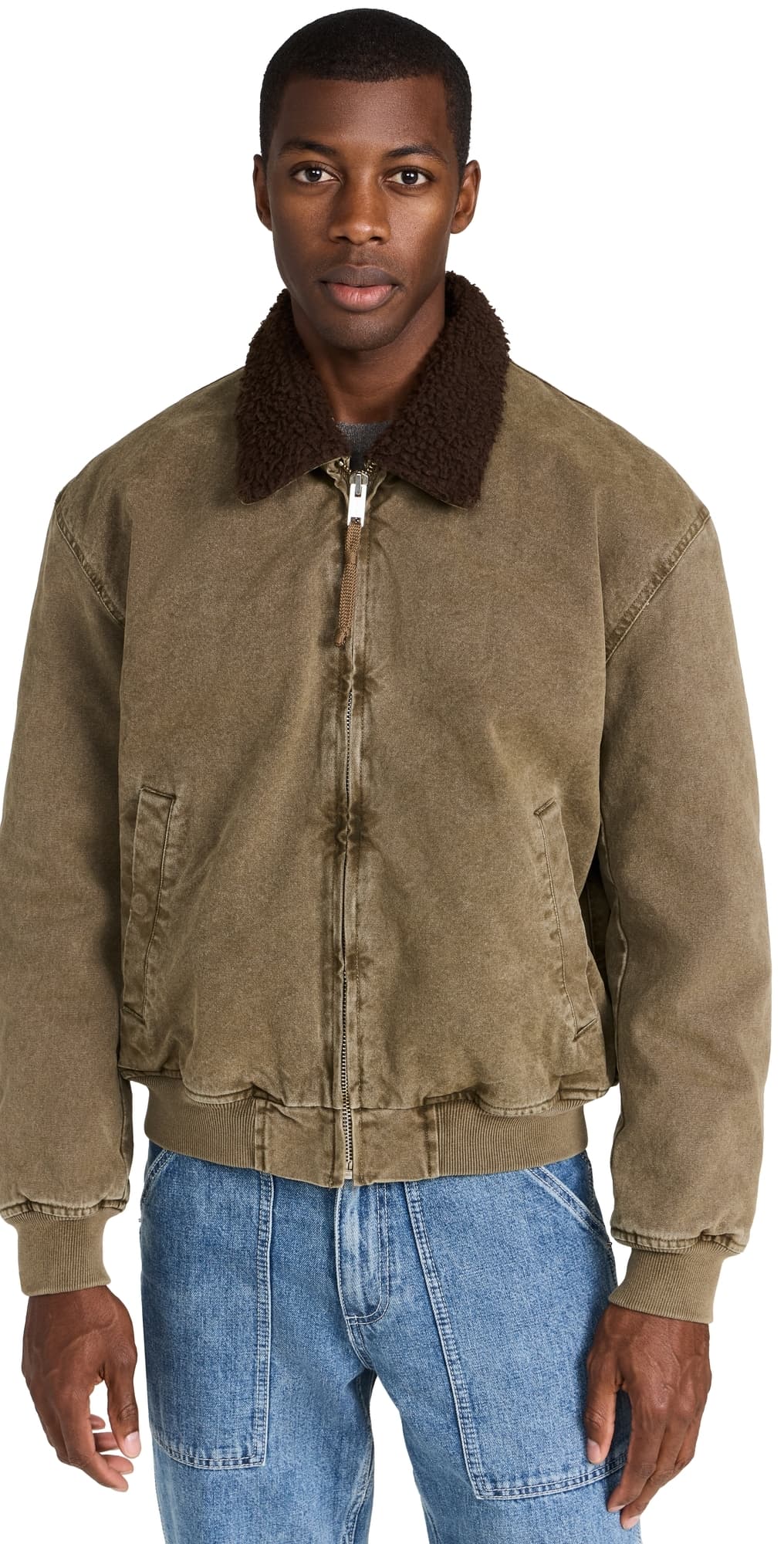 Alex Mill Flight Jacket In Canvas With Sherpa Collar Faded Olive
