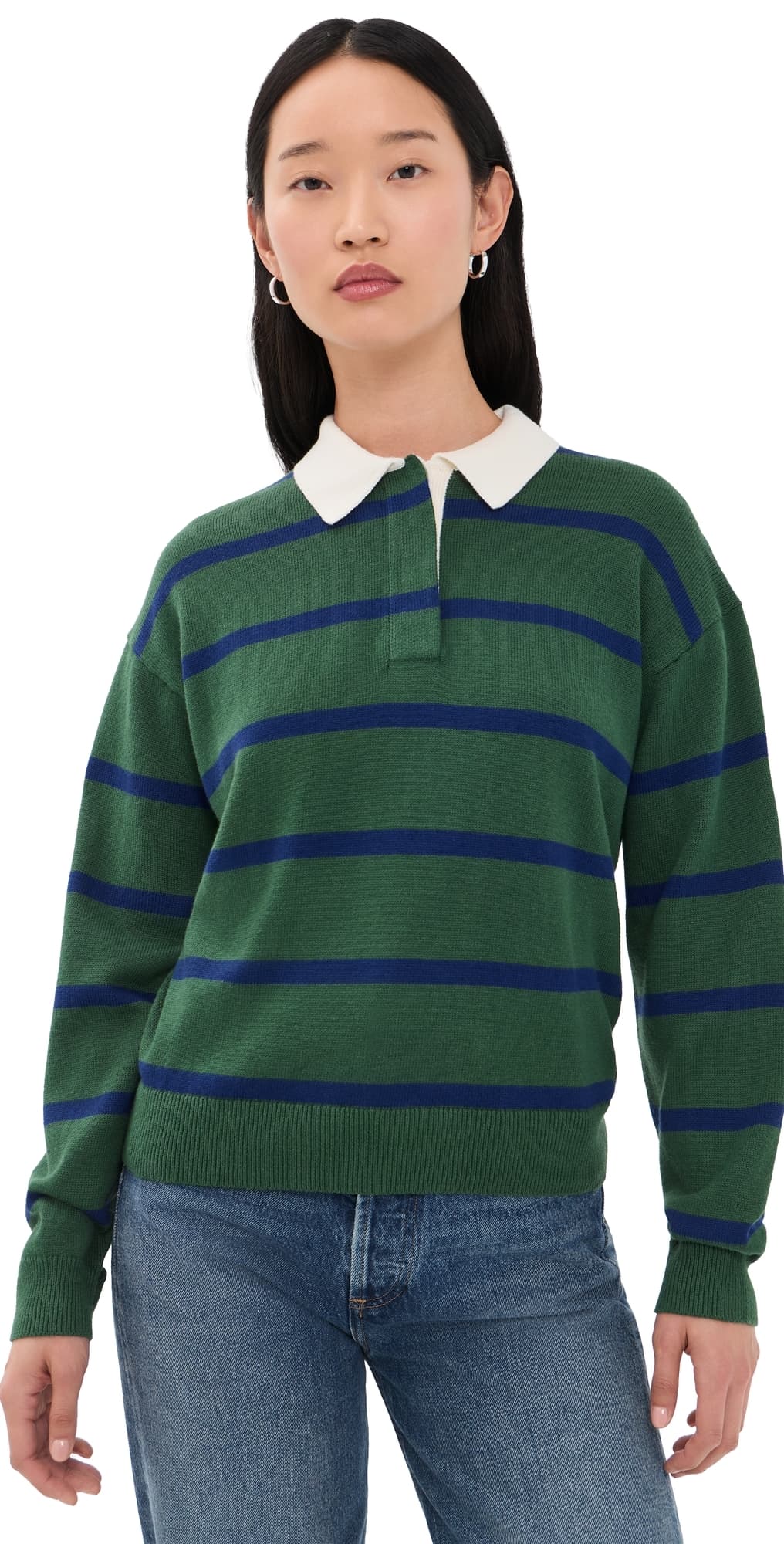 Alex Mill Bond St. Stripe Polo Sweater Forest Walk/Galaxy Blue