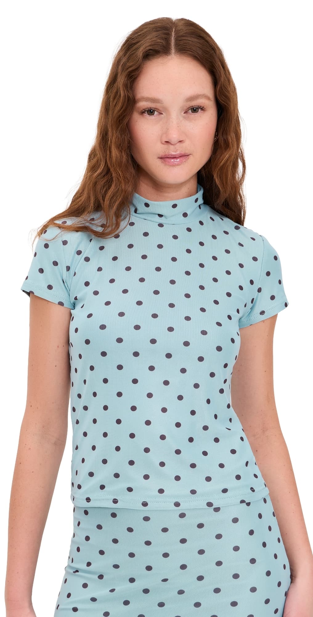 Another Girl Polka Dot Mesh High Neck Top Blue/Brown