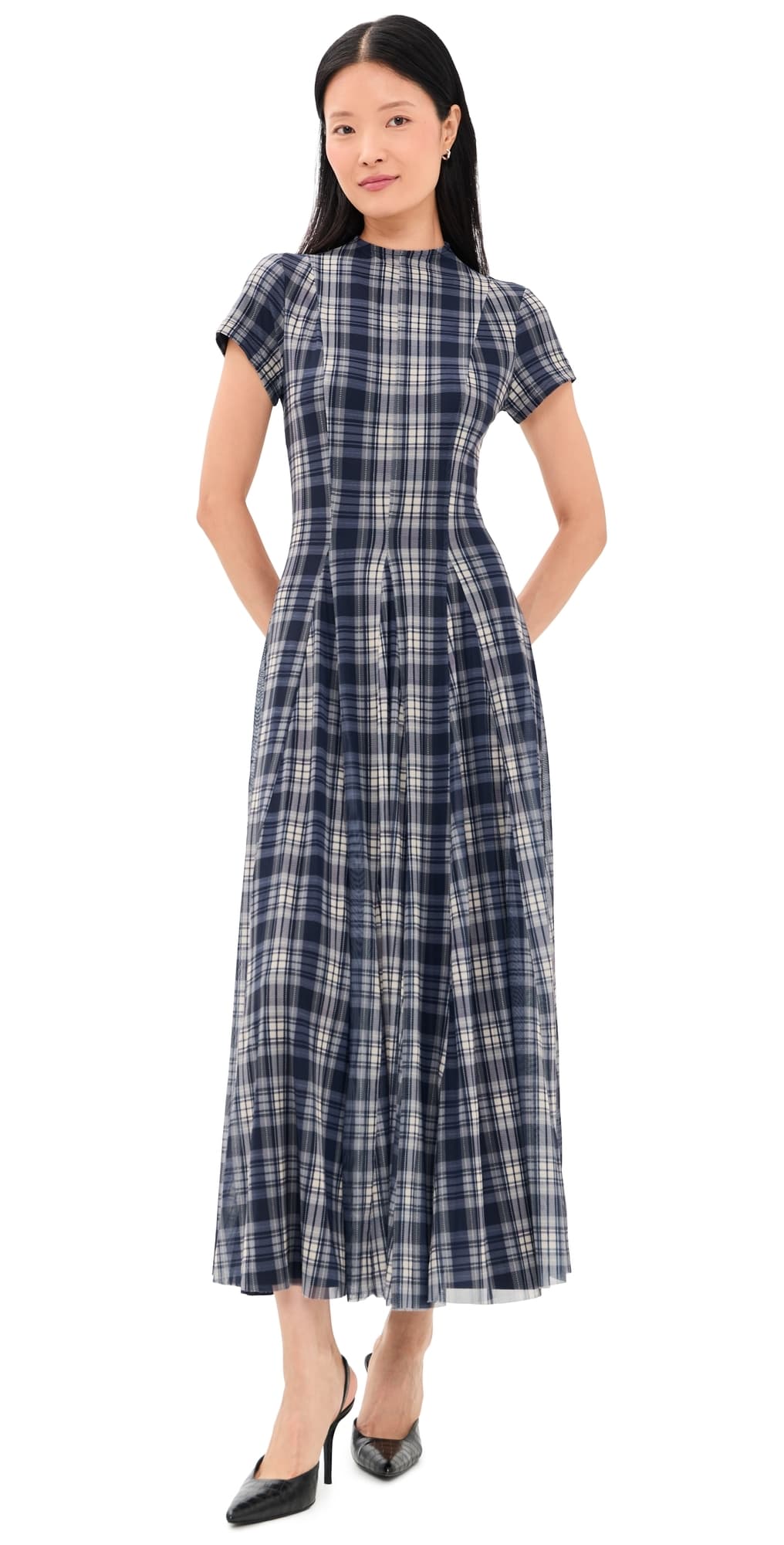Another Girl Mesh Check Godet Maxi Dress Navy/Cream