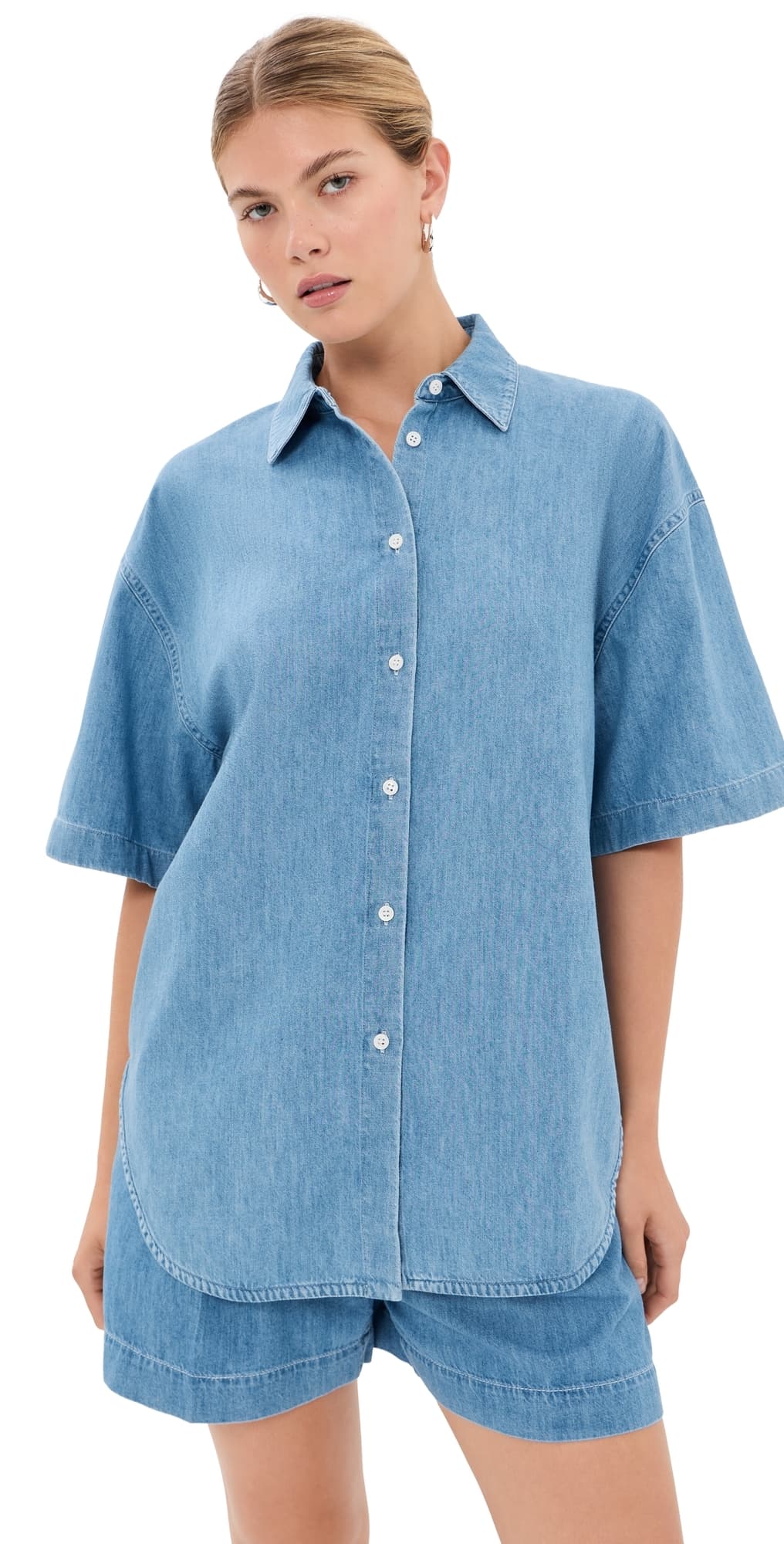 Another Tomorrow Chambray Short Sleeve Shirt Light Blue Wash