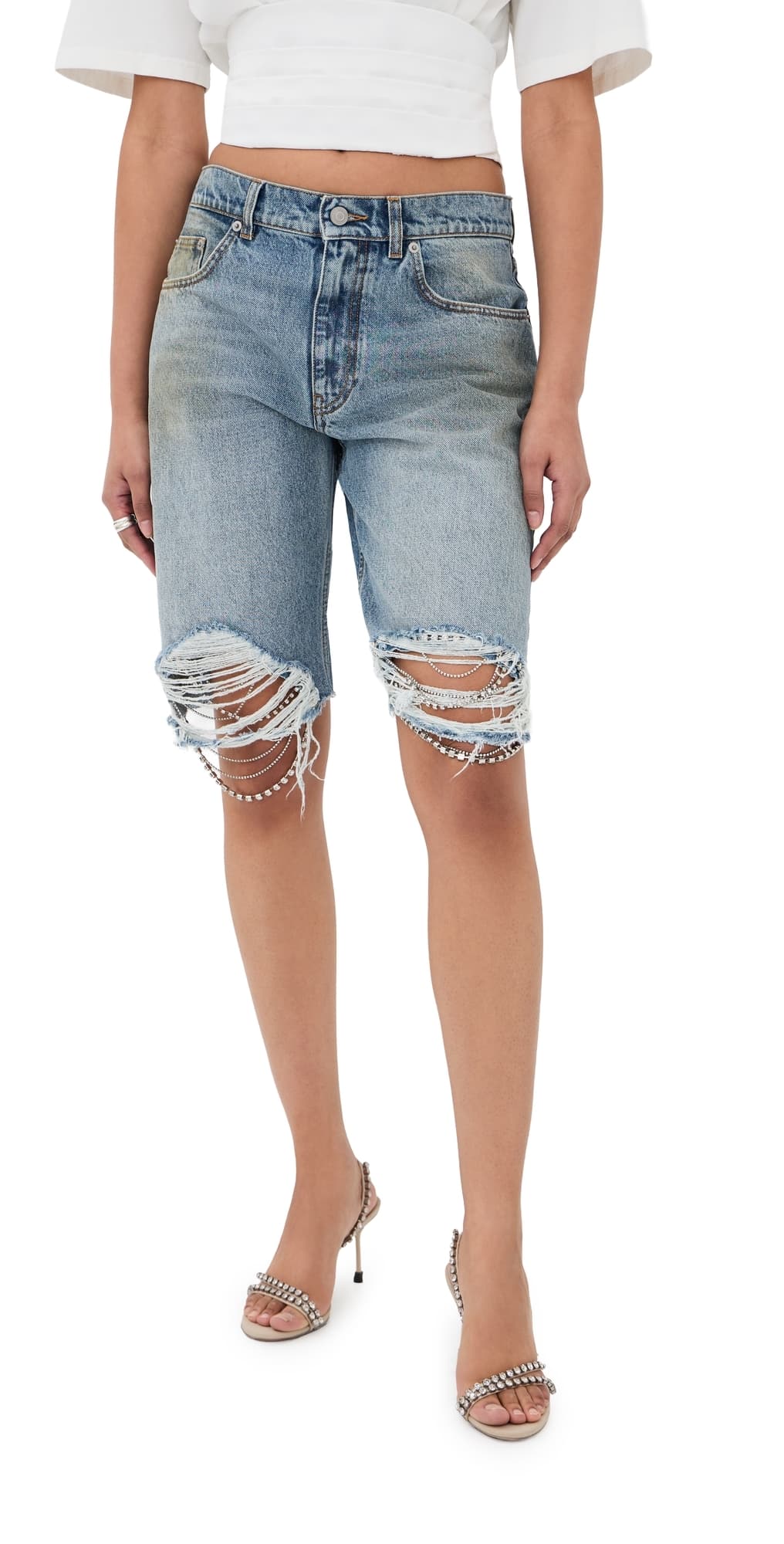 AREA Crystal Fray Jean Shorts Medium Blue