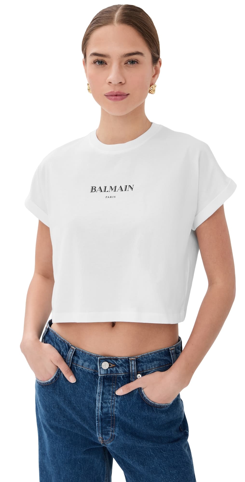 Balmain Vintage Logo Print Crop Tee Blanc/Noir