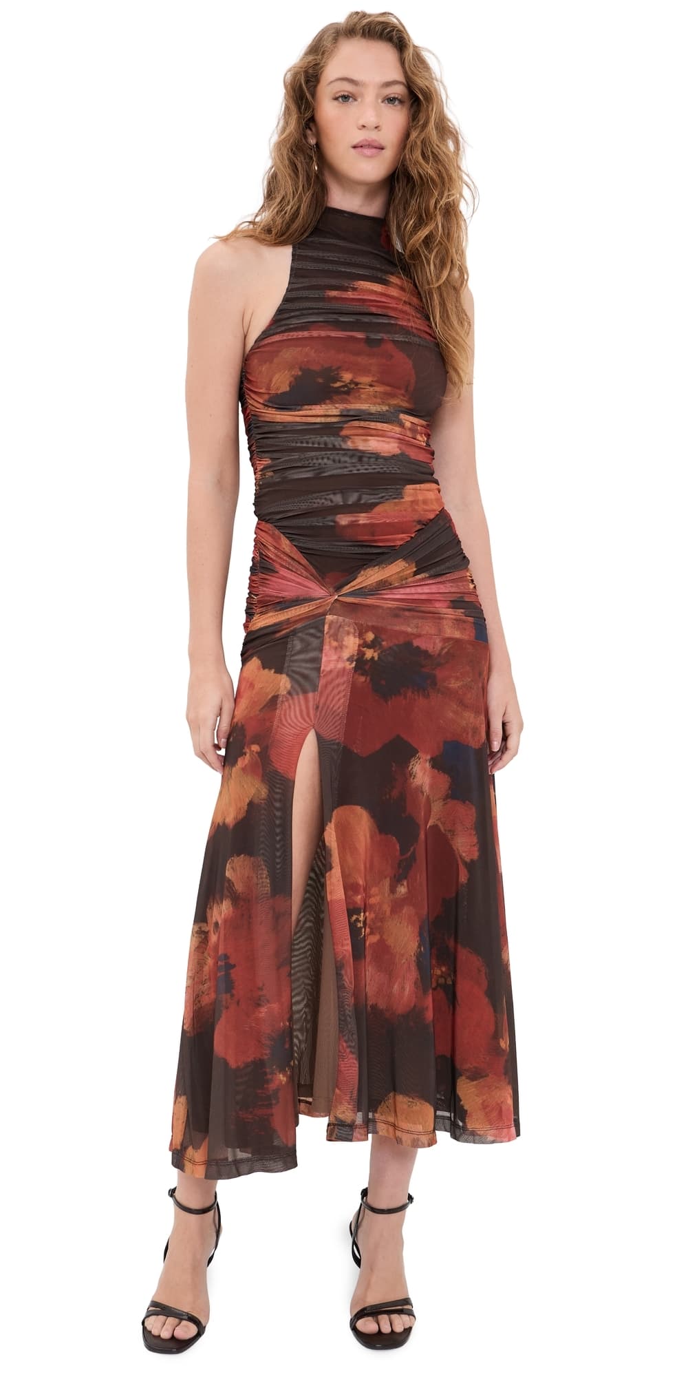 BARDOT Natalya Mesh Midi Dress Earth Red Floral