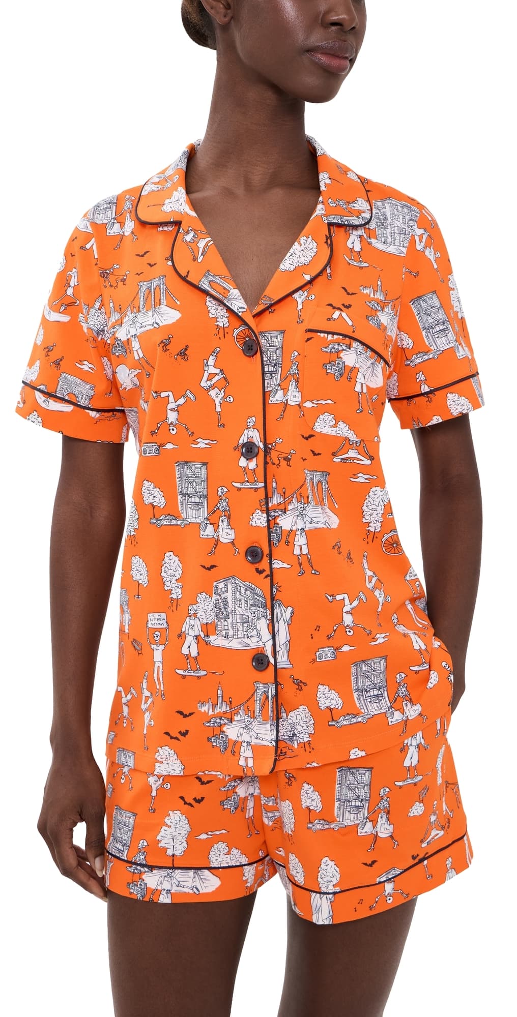 BedHead PJs Short Pajama Set Orange Spooky In The City