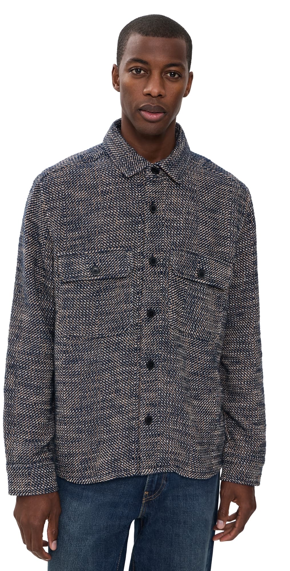 Billy Reid Herringbone CPO Overshirt Carbon Blue Multi