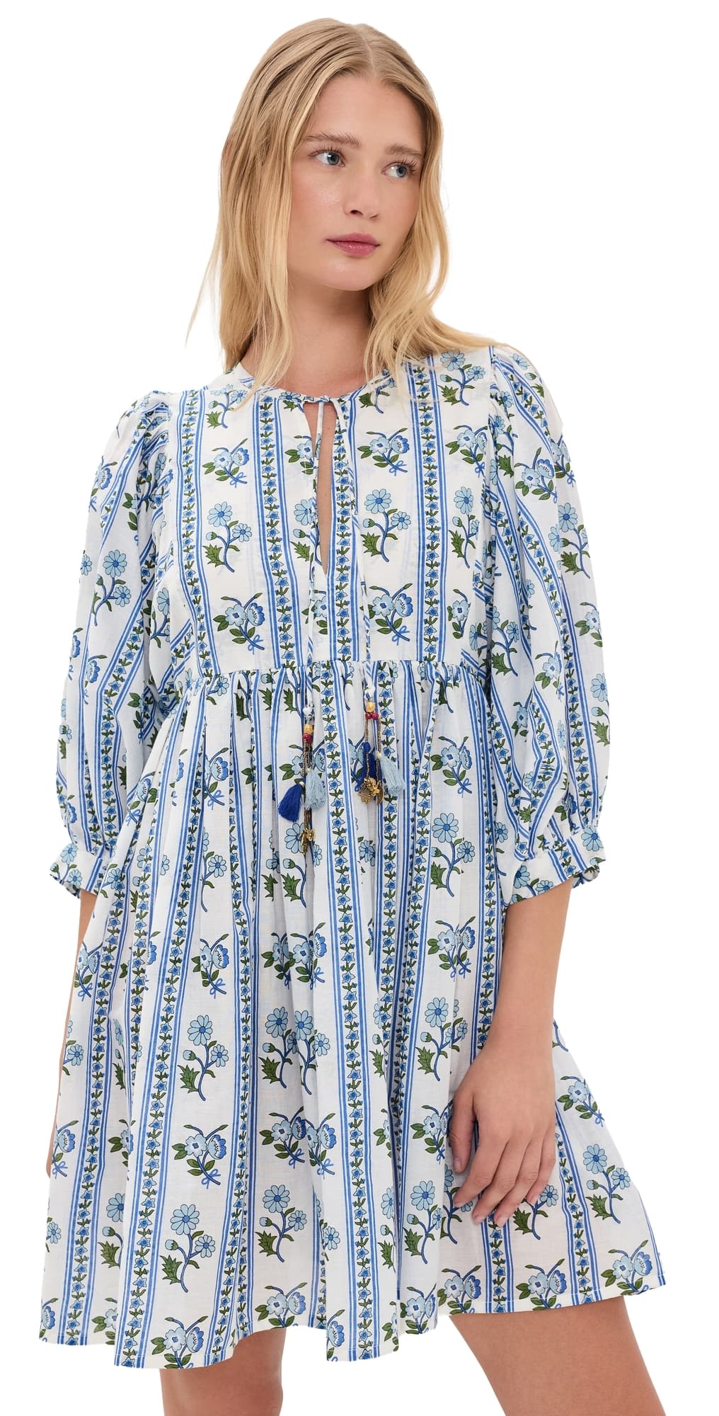 Bell Sylvie Mini Cotton Tunic Dress Blue Floral Stripe