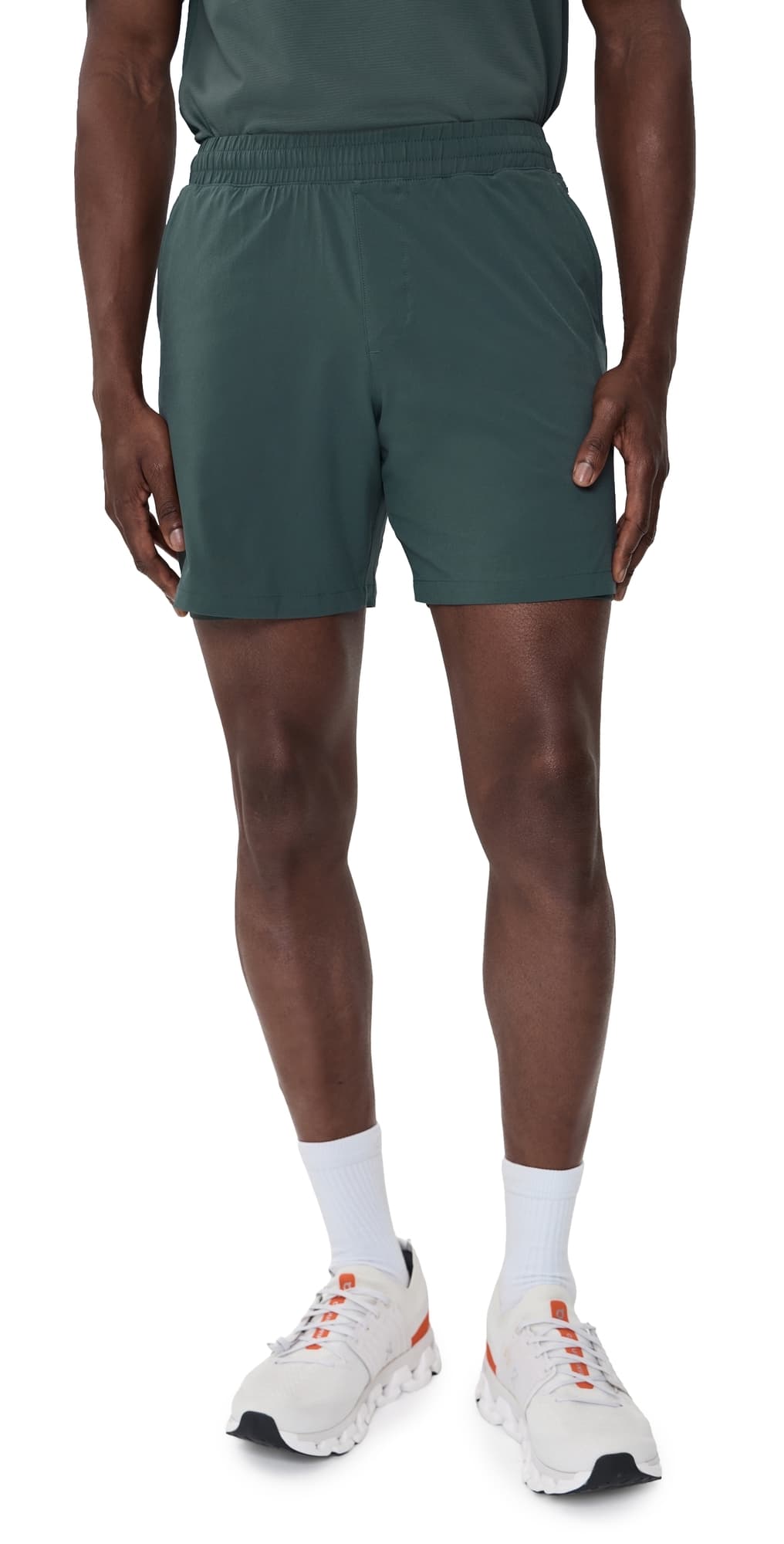 Beyond Yoga Pivotal 2.0 Performance Lined Shorts 7 Slate Green