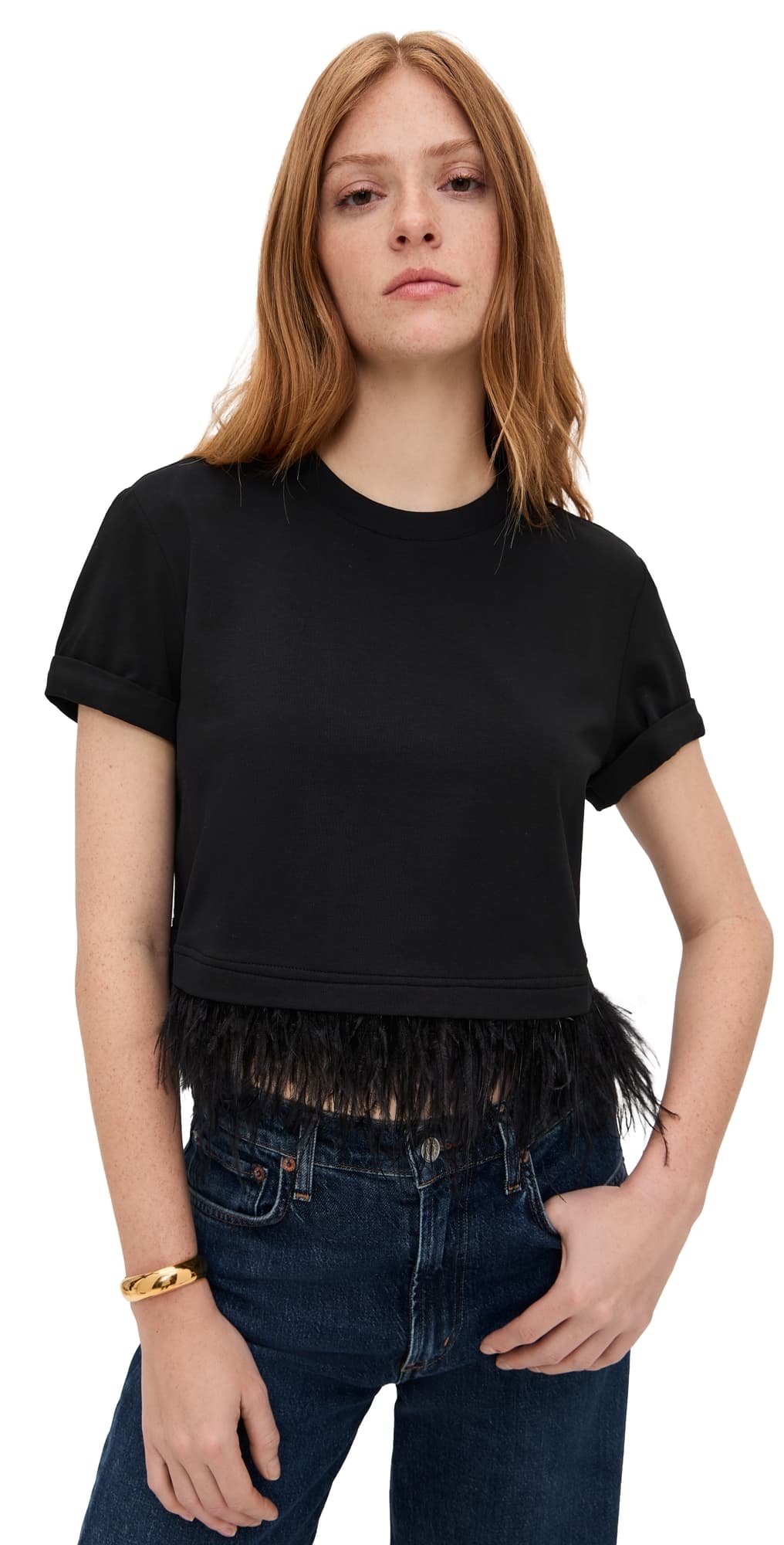 Cinq à Sept Short Sleeve Cropped Feather Tee Black