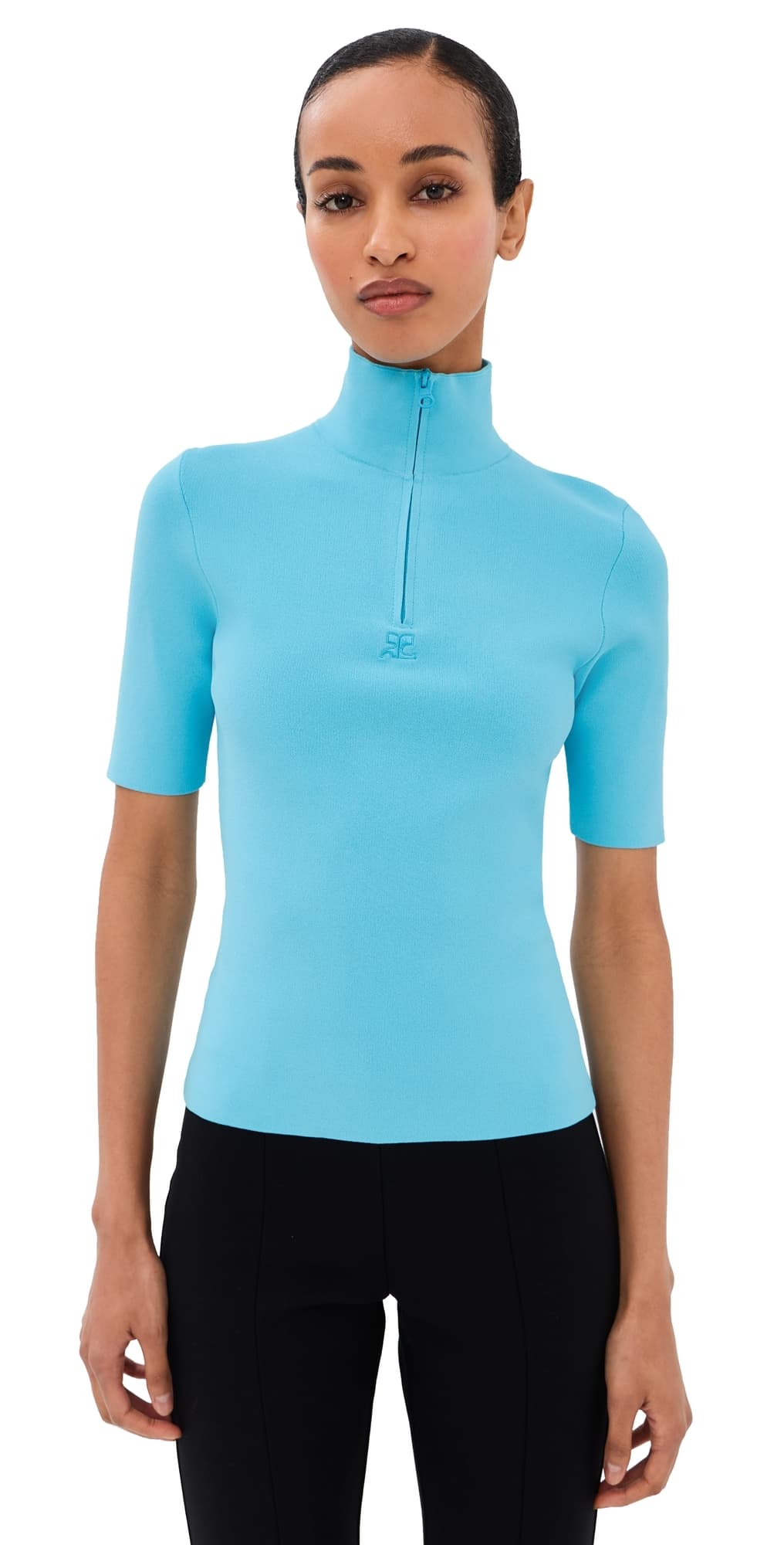 Courrèges Zipped Mock Neck Knit Top Aqua