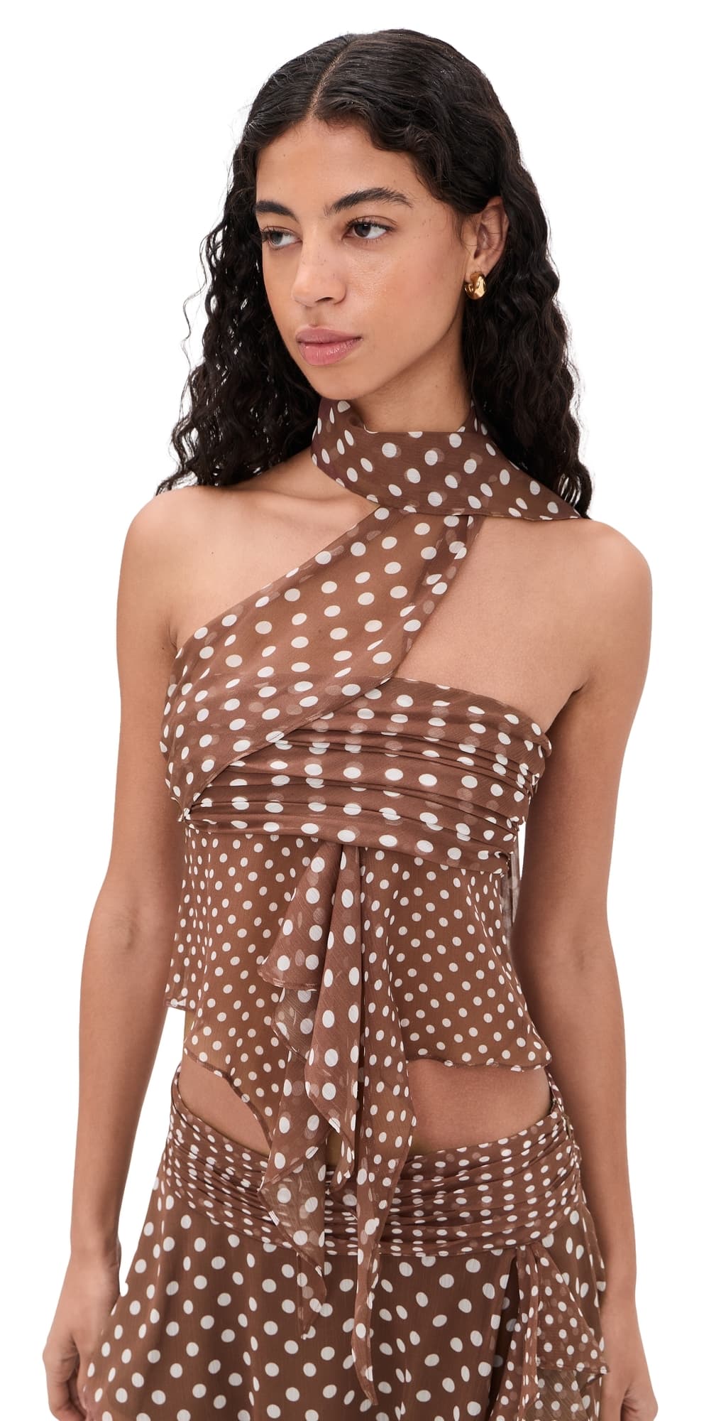 GUIZIO Crinkled Dot Chiffon Wrap Top Espresso
