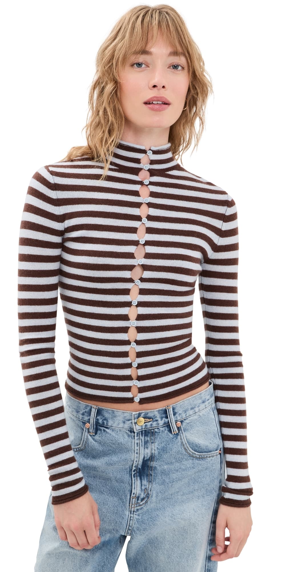 GUIZIO Fitted Knit Crew Neck BLUE/BROWN STRIPE