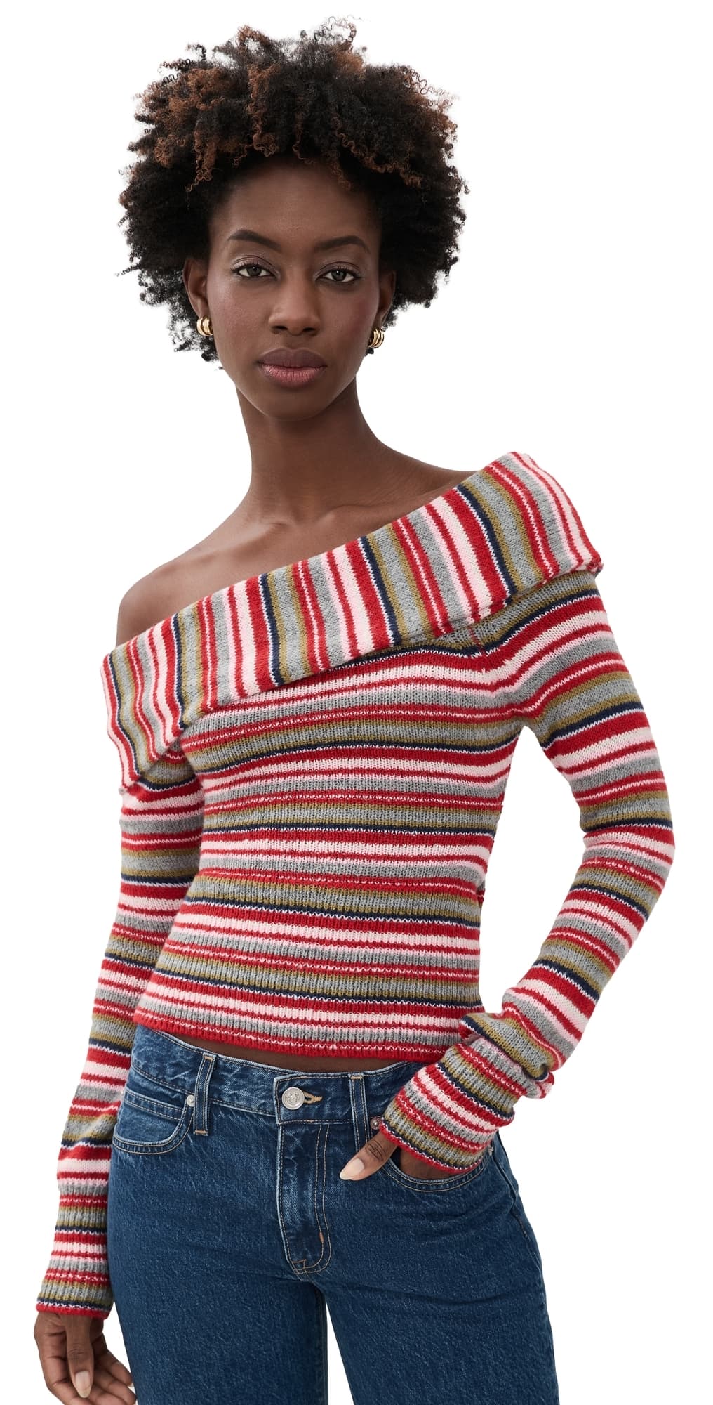 GUIZIO Off Shoulder Sweater Blue Skinny Stripe