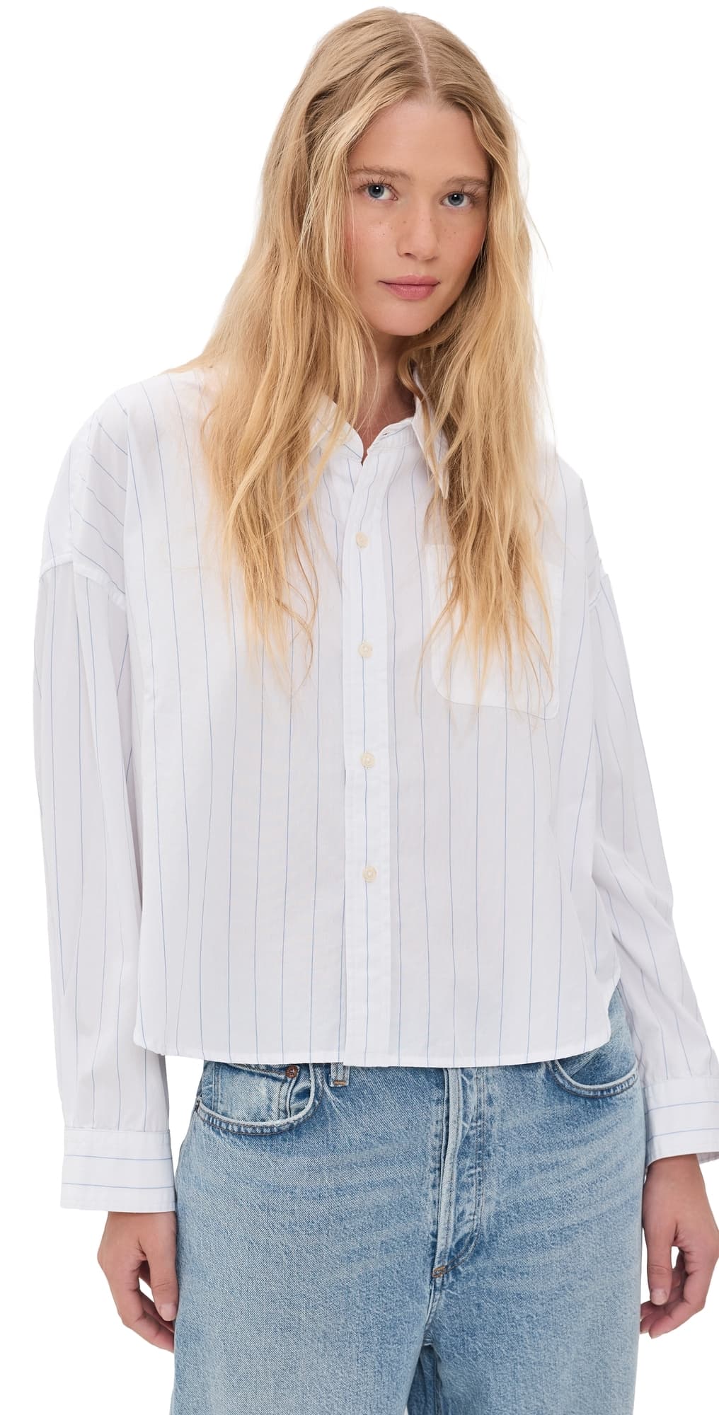 Denimist Bailey Cropped Button Down Shirt Light Blue Wide Pinstripe