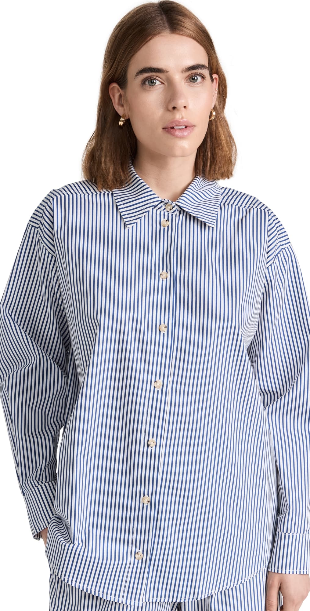 DONNI. Pop Button Down Navy Stripe