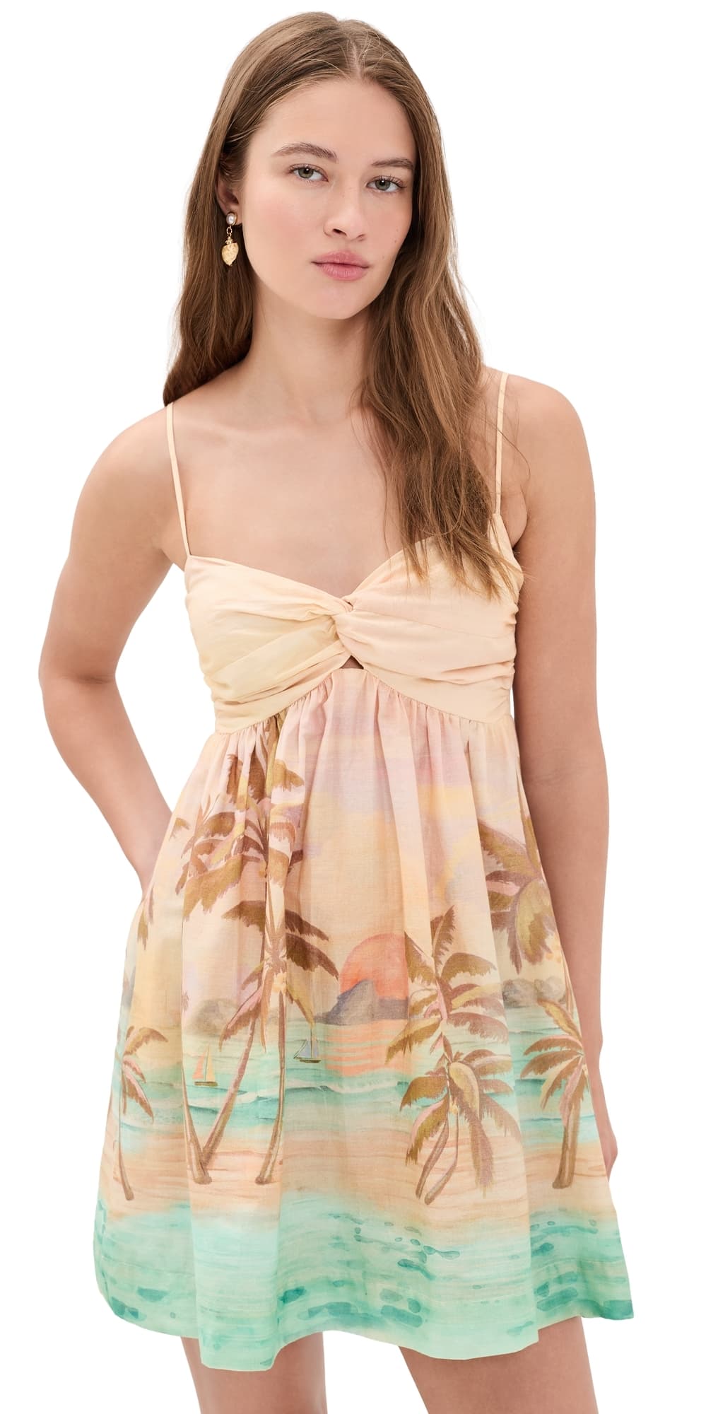 Dress To Beige Tropical Ruched Neckline Mini Dress Beige Tropical