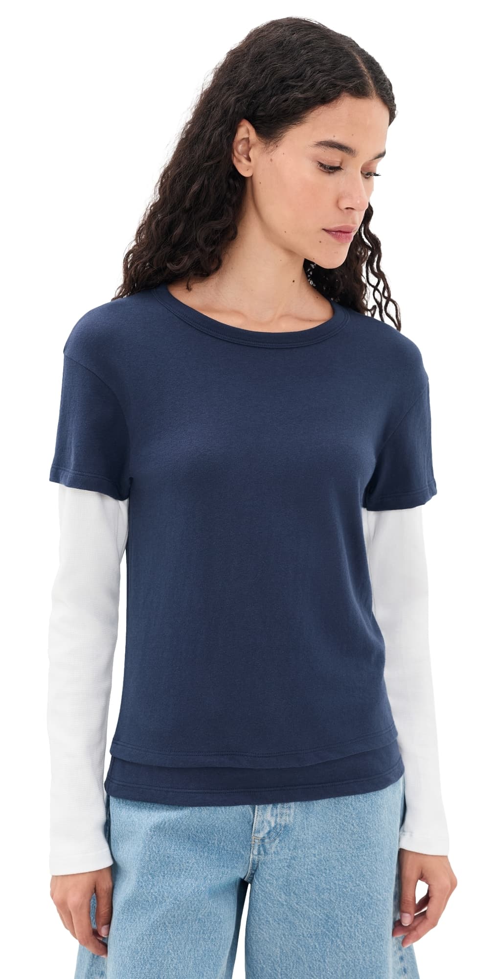 EB Denim Rory Layered Long Sleeve Tee Navy And White Waffle