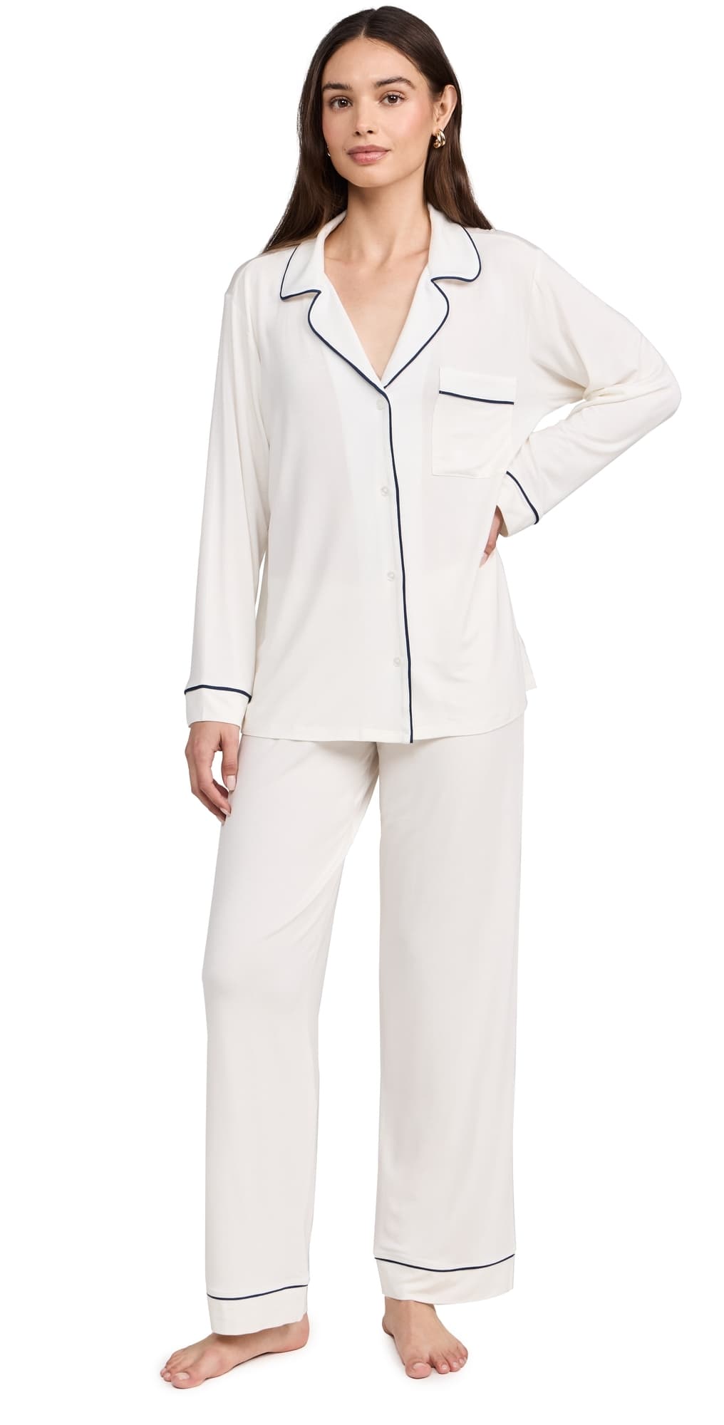 Eberjey Gisele The Long Pajama Set Pure Ivory/Navy
