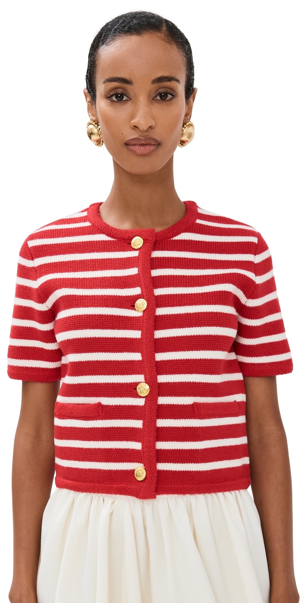 English Factory Knit Striped Sweater Cardigan Red/White