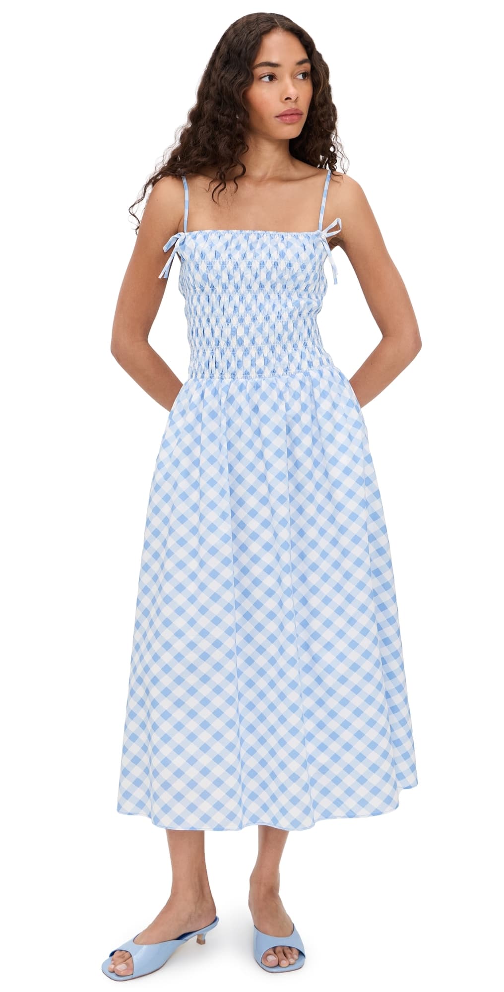 English Factory Checked Smocked Midi Dress Powder Blue