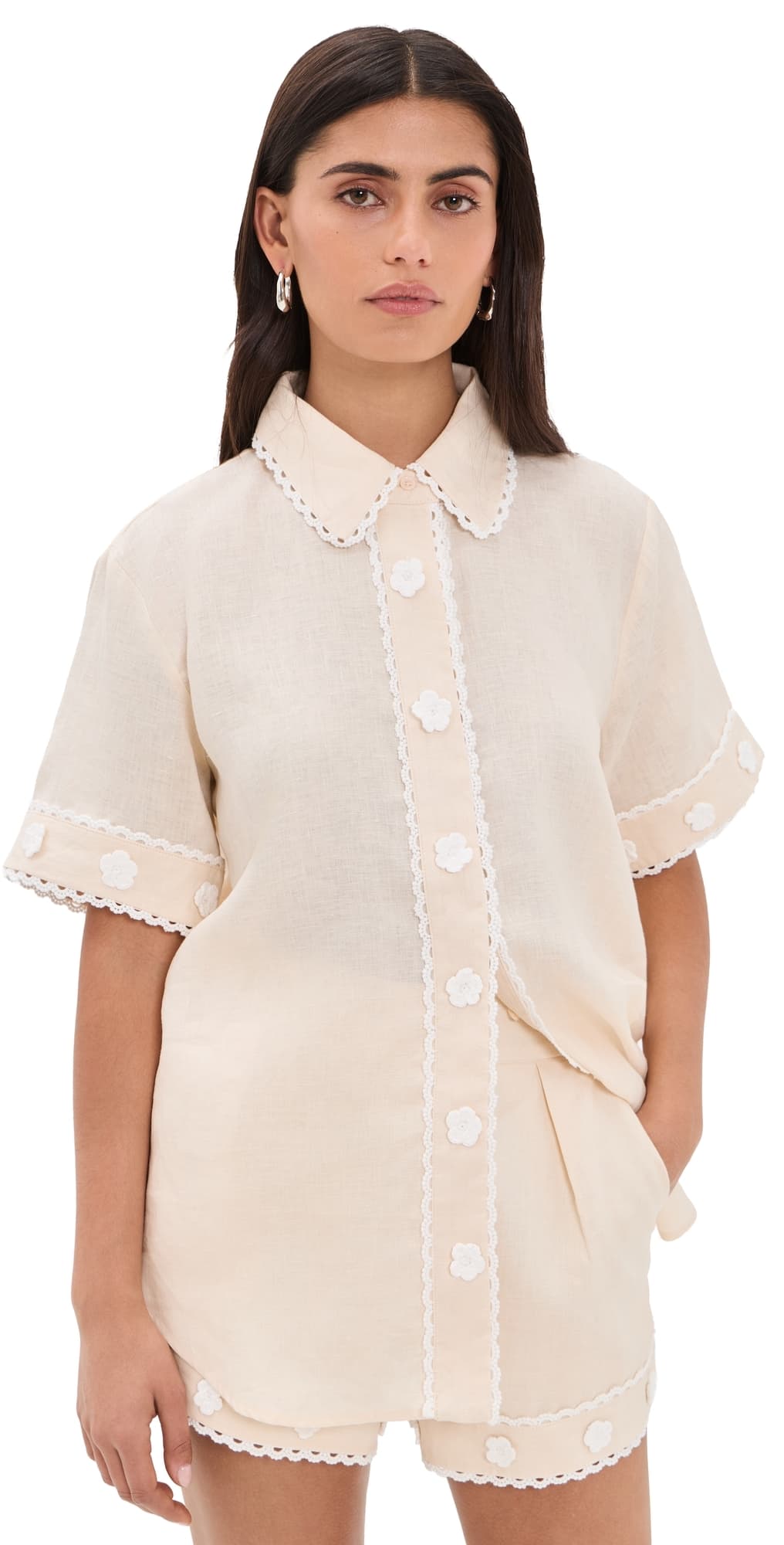 English Factory Floral Linen Button Down Shirt Light Beige