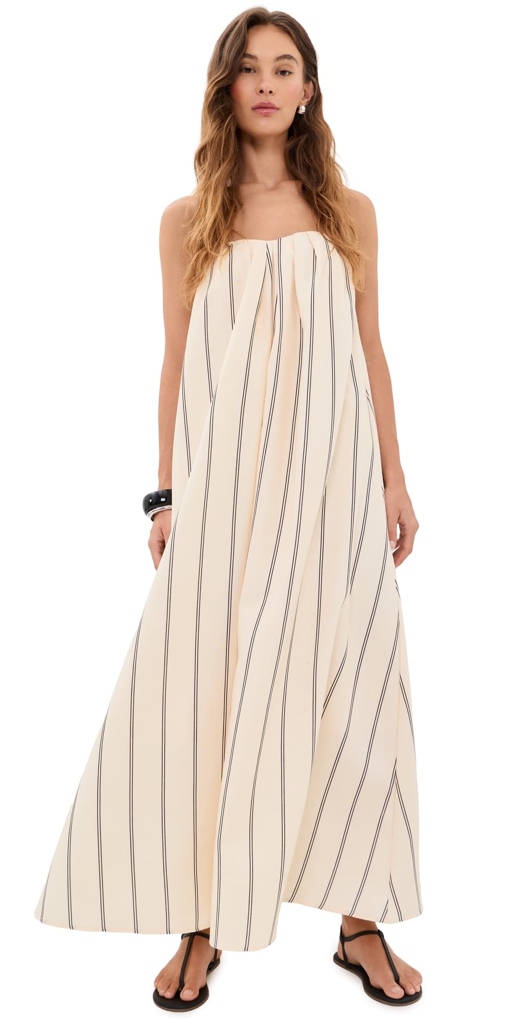 English Factory Strapless Pintuck Striped Maxi Dress Beige/Black
