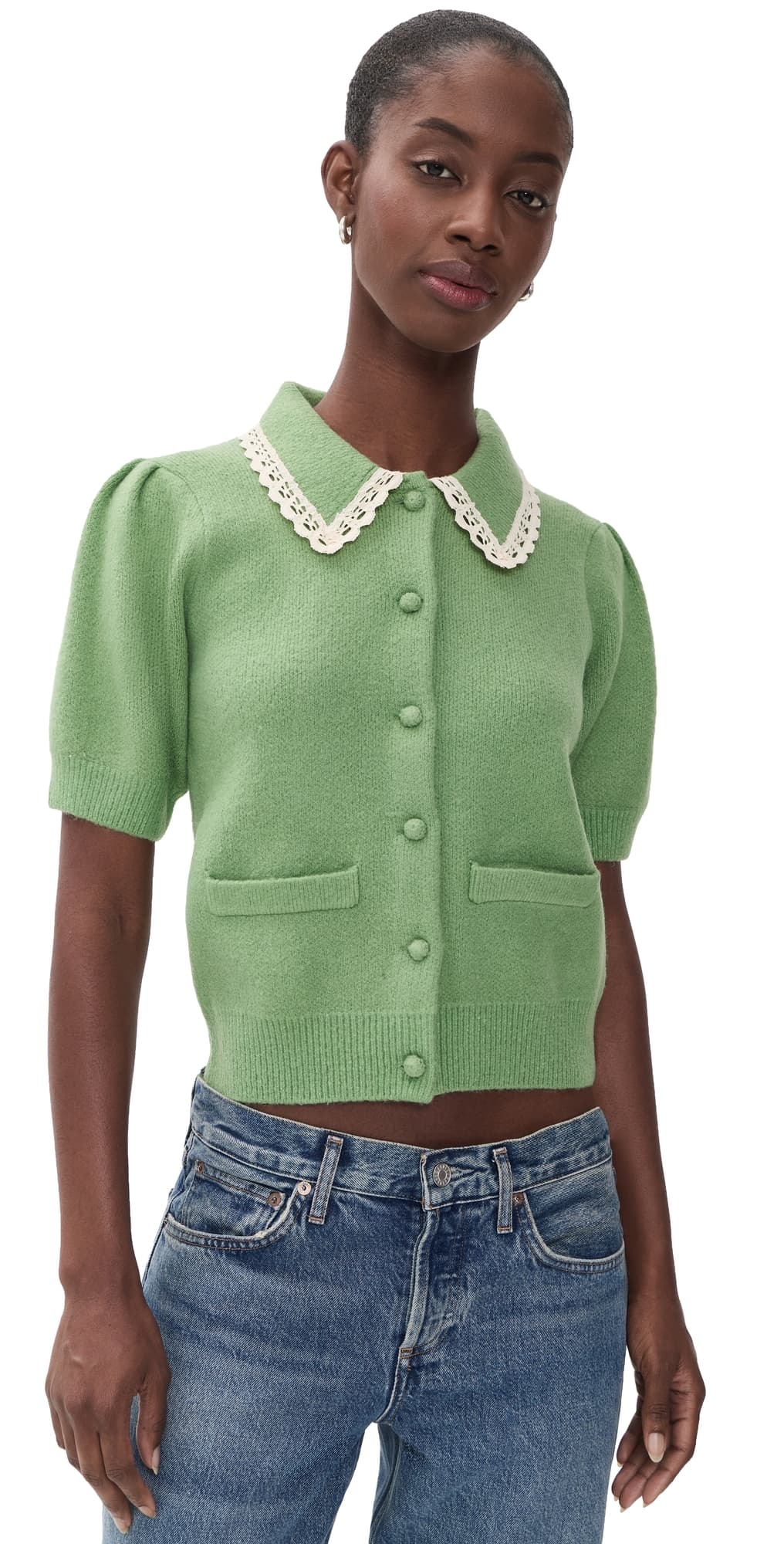 English Factory Lace Trim Puff Sleeve Knit Cardigan Sage